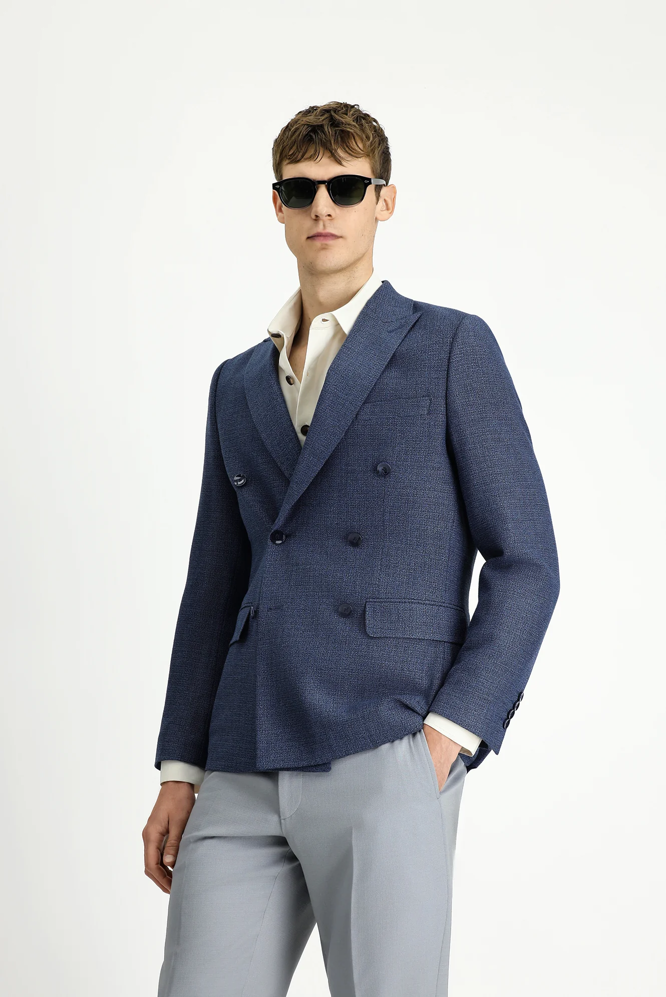 Orta Lacivert 7 Drop Slim Fit Dar Kesim Desenli Kruvaze Ceket - Image 4