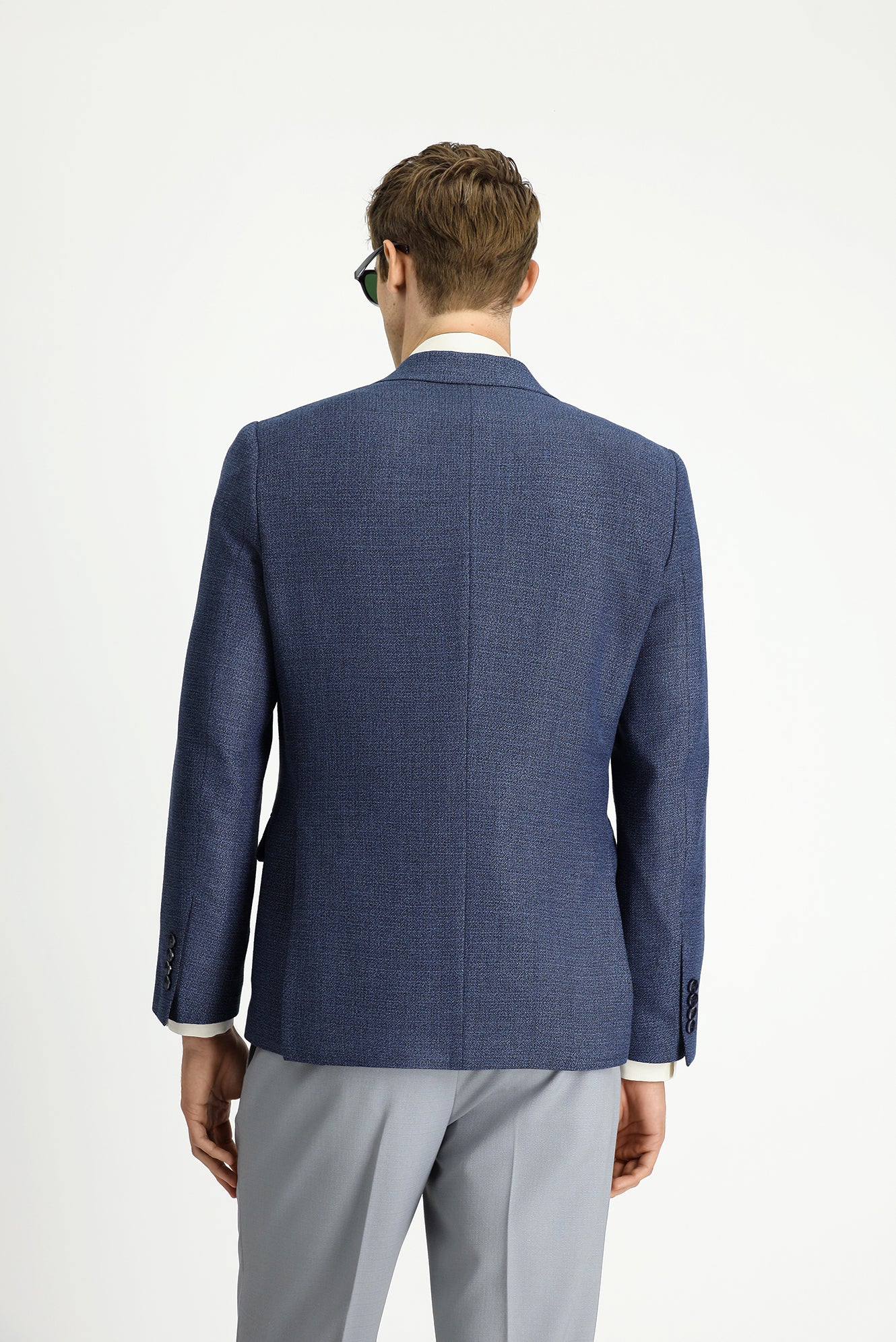 Orta Lacivert 7 Drop Slim Fit Dar Kesim Desenli Kruvaze Ceket - Image 5