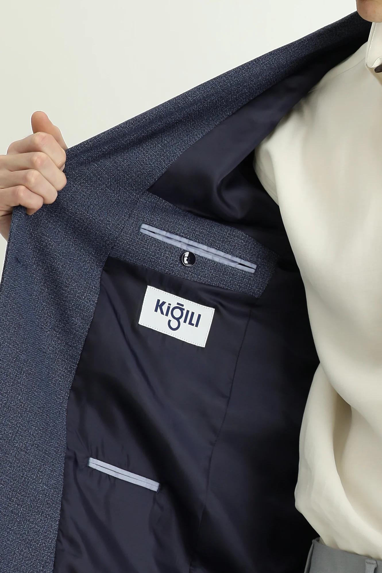 Orta Lacivert 7 Drop Slim Fit Dar Kesim Desenli Kruvaze Ceket - Image 6