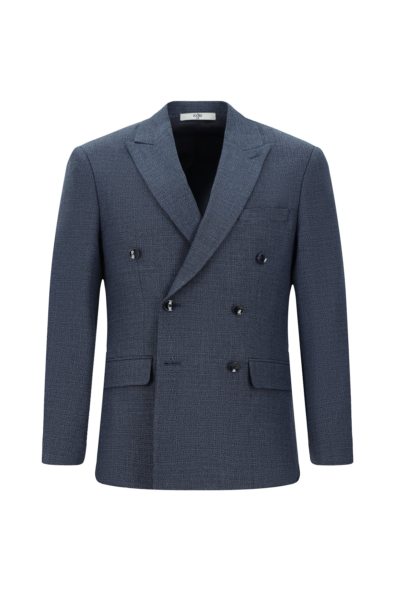 Orta Lacivert 7 Drop Slim Fit Dar Kesim Desenli Kruvaze Ceket - Image 7