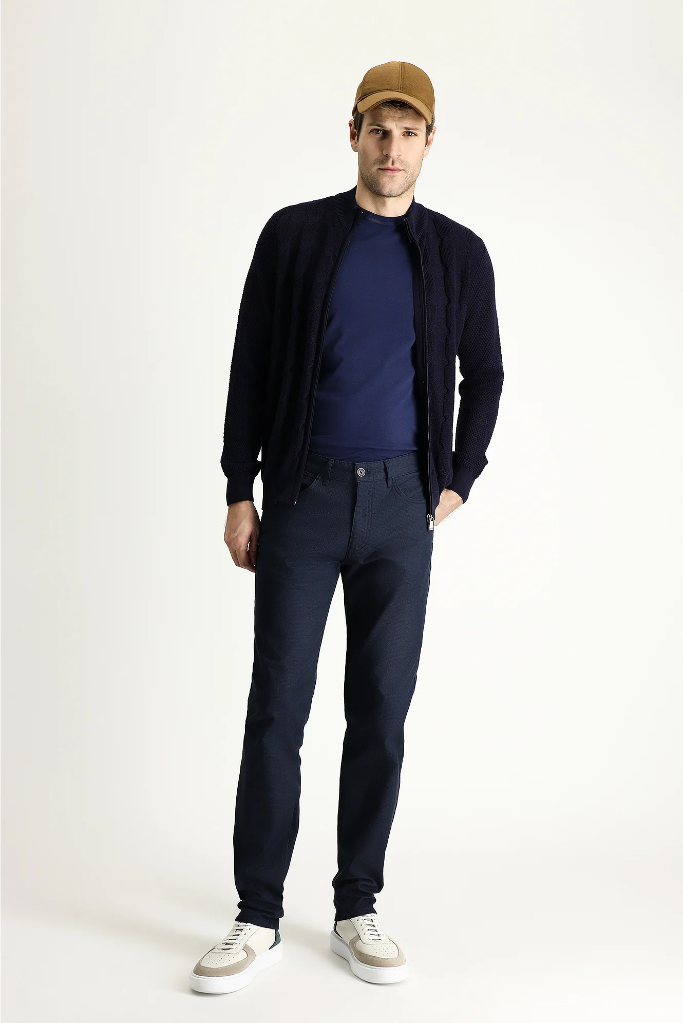 Orta Lacivert Slim Fit Dar Kesim Desenli Likralı Kanvas / Chino Pantolon