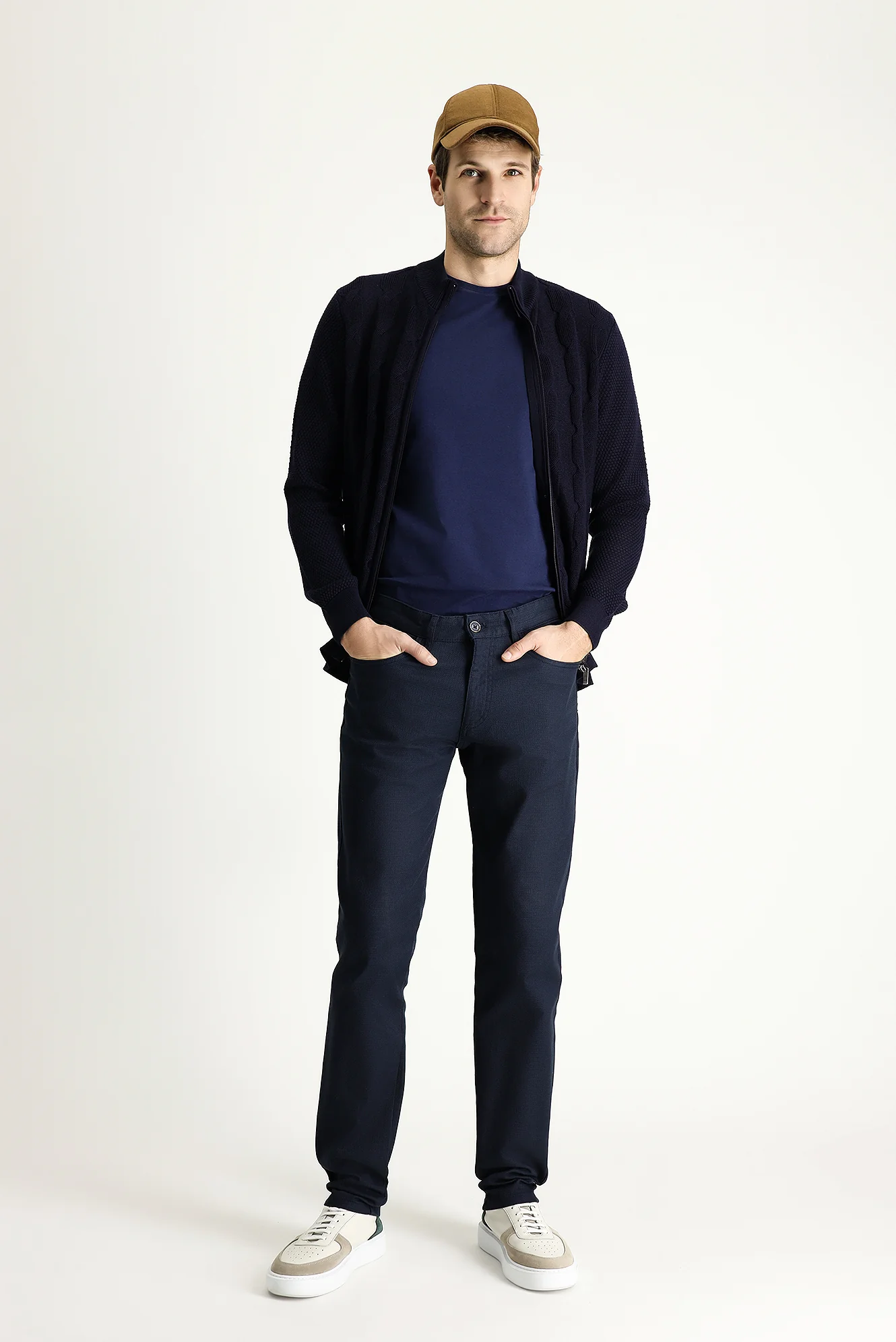 Orta Lacivert Slim Fit Dar Kesim Desenli Likralı Kanvas / Chino Pantolon - Image 2