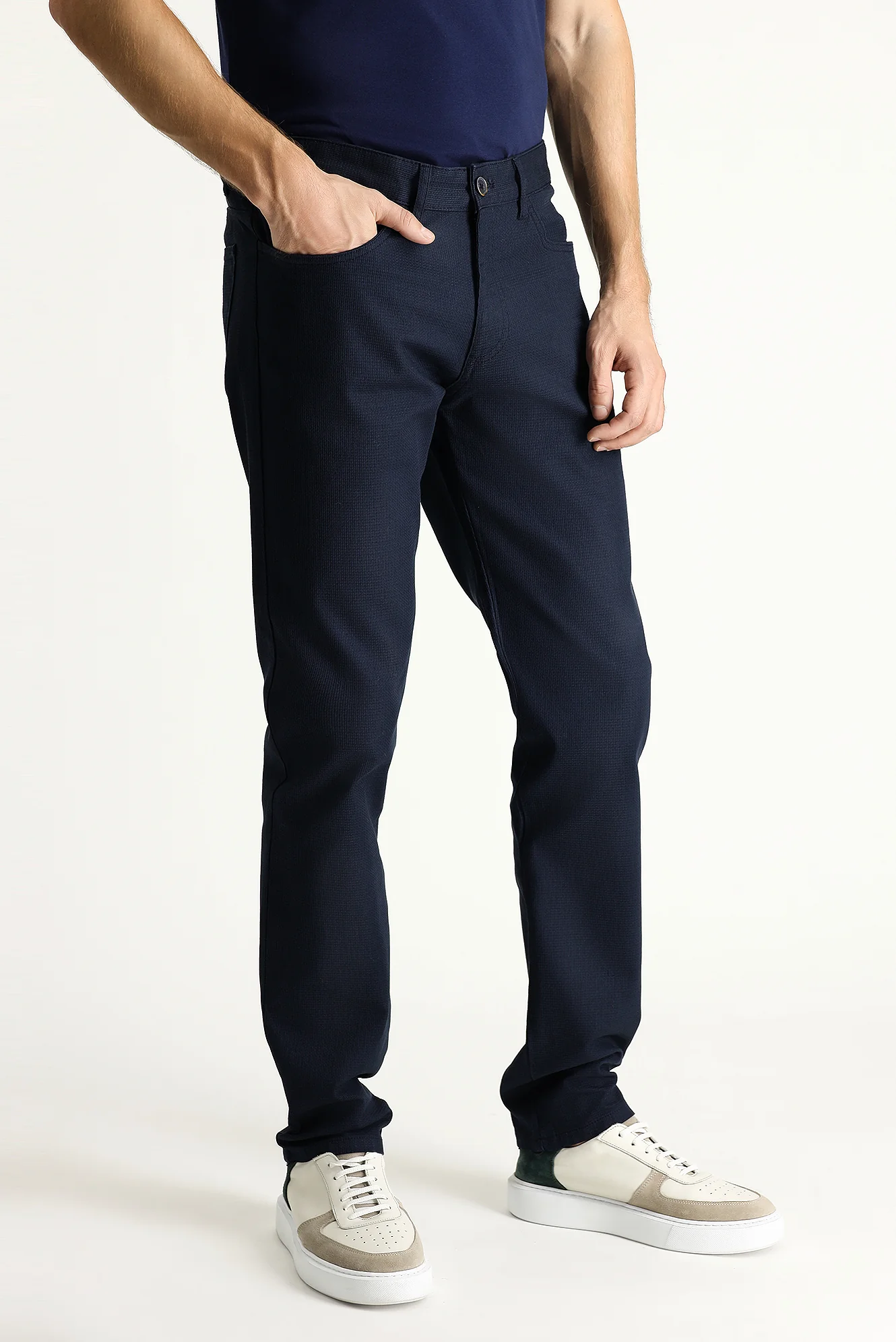 Orta Lacivert Slim Fit Dar Kesim Desenli Likralı Kanvas / Chino Pantolon - Image 3