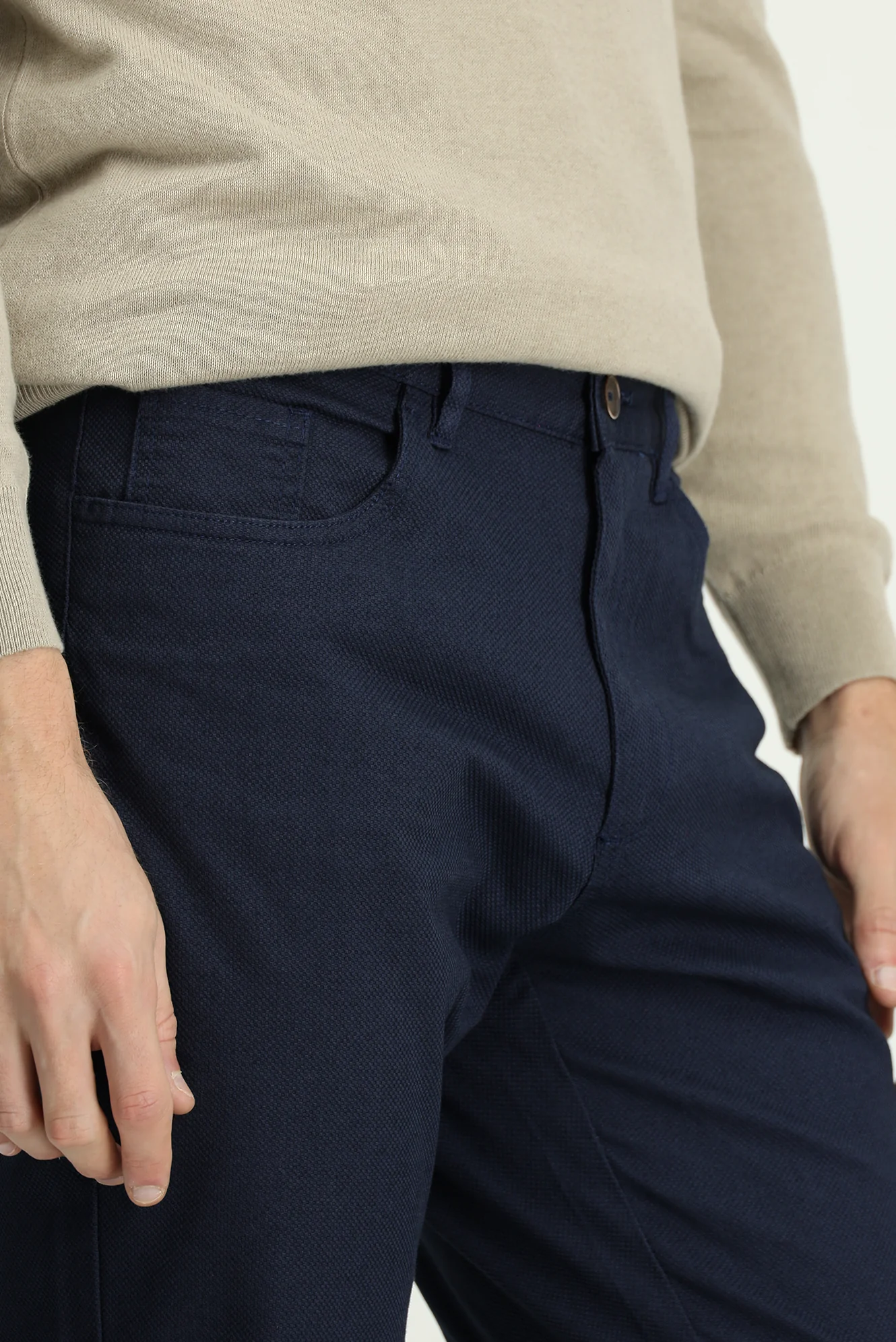 Orta Lacivert Slim Fit Dar Kesim Desenli Likralı Kanvas / Chino Pantolon - Image 5