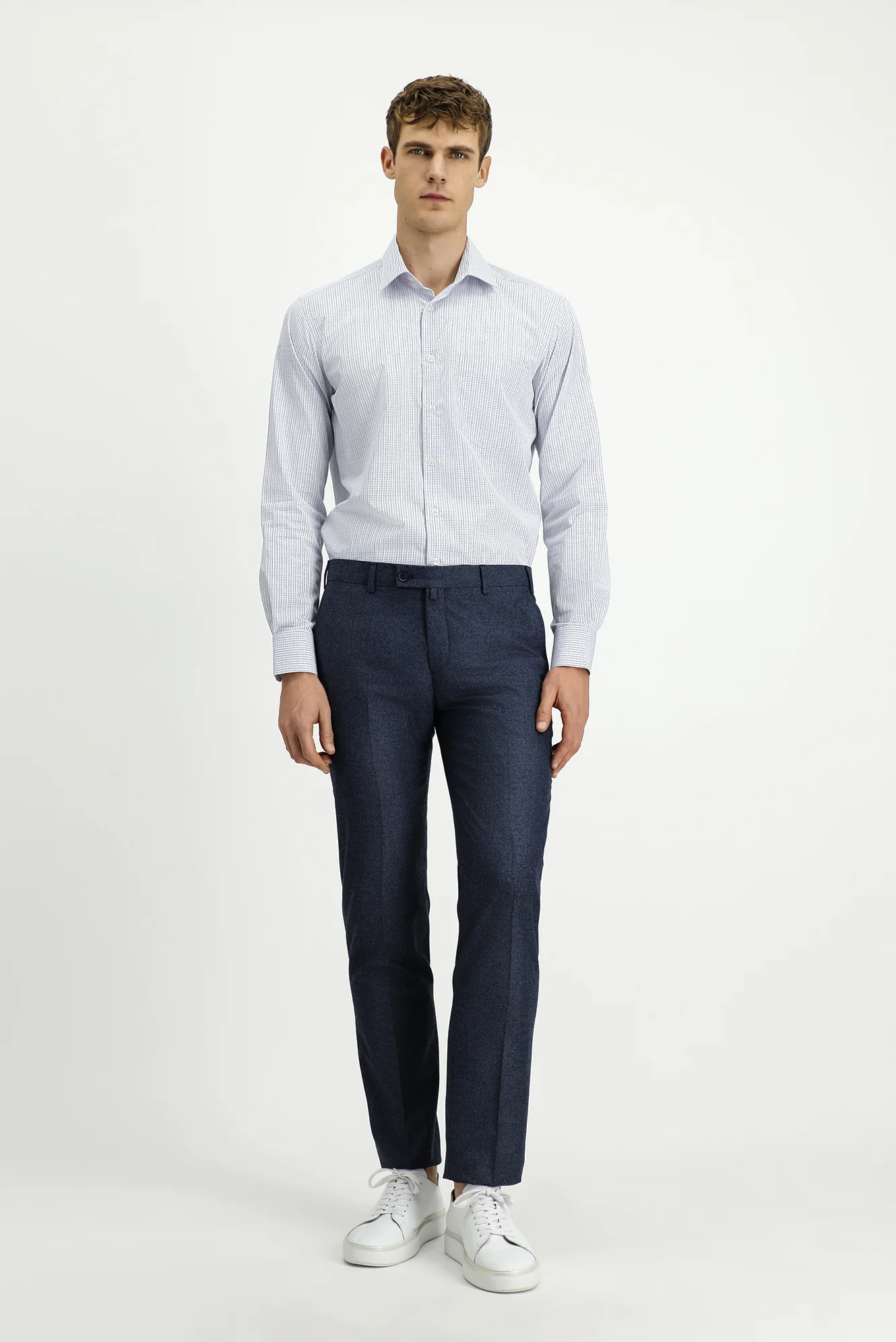 Orta Lacivert 7 Drop Slim Fit Dar Kesim Desenli Likralı Klasik Kumaş Pantolon