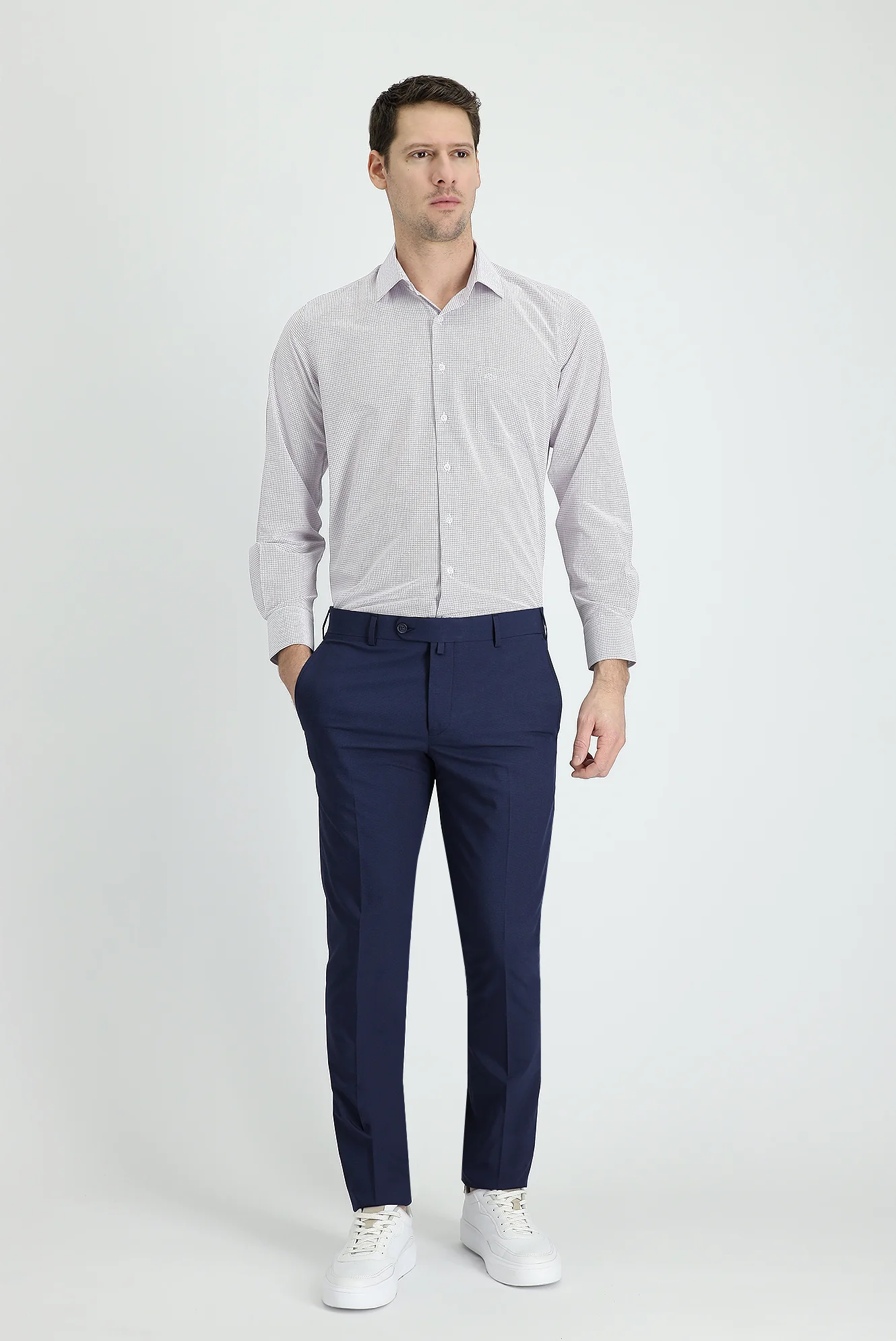 Orta Lacivert 7 Drop Slim Fit Dar Kesim Desenli Likralı Klasik Kumaş Pantolon