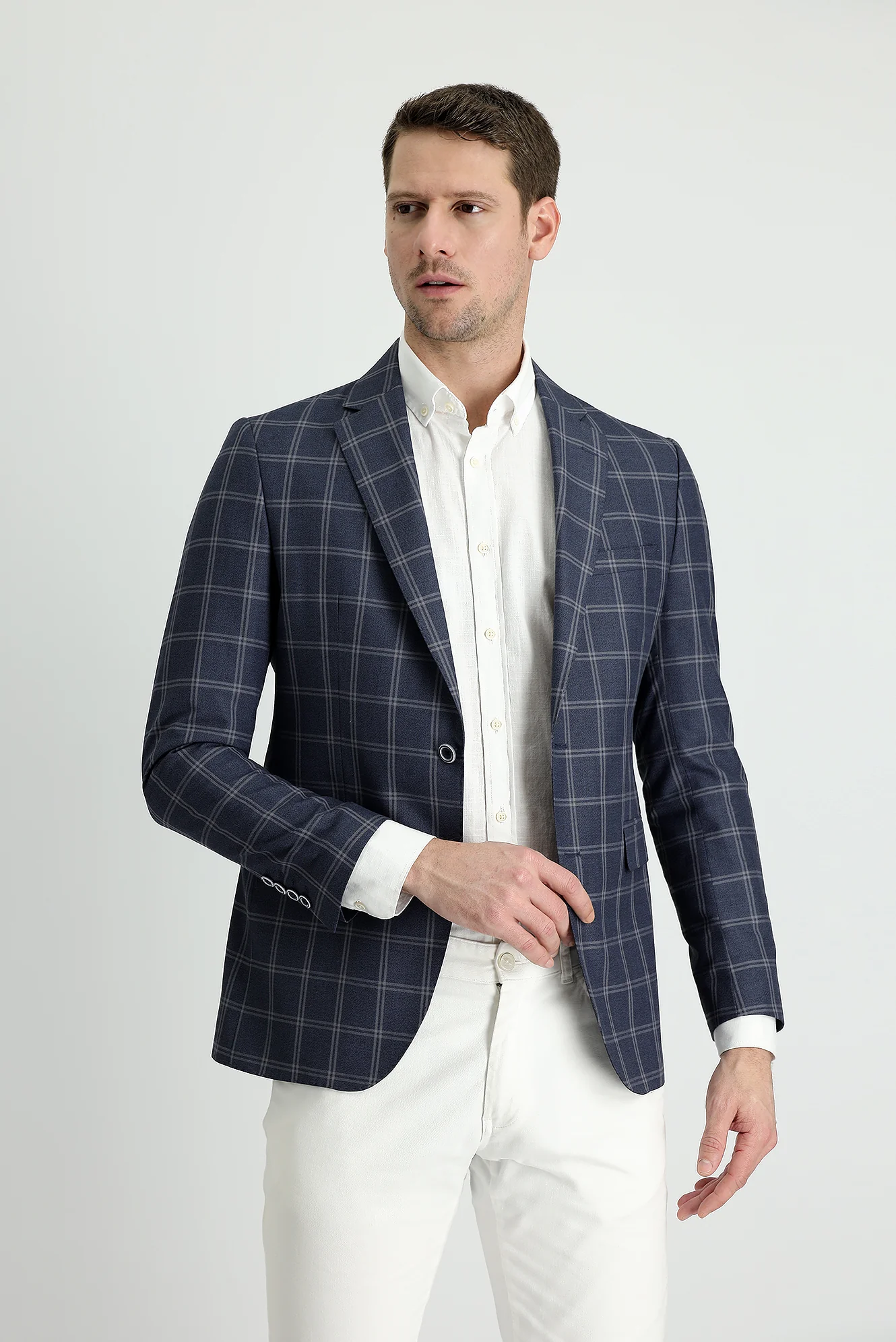 Orta Lacivert 7 Drop Slim Fit Dar Kesim Ekose Ceket - Image 2