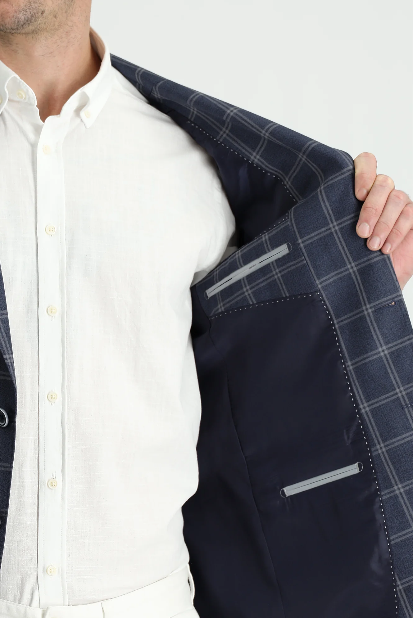 Orta Lacivert 7 Drop Slim Fit Dar Kesim Ekose Ceket - Image 5