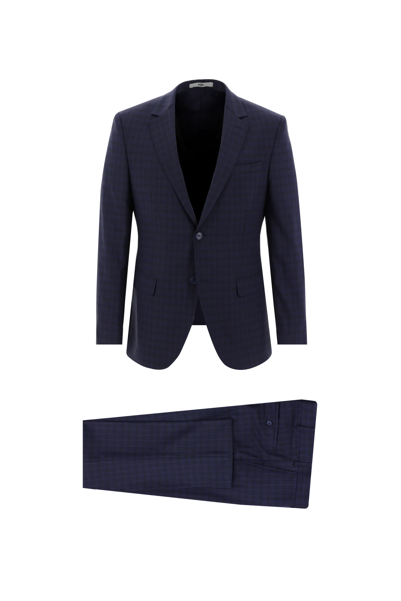 Orta Lacivert 7 Drop Slim Fit Dar Kesim Ekose Takım Elbise