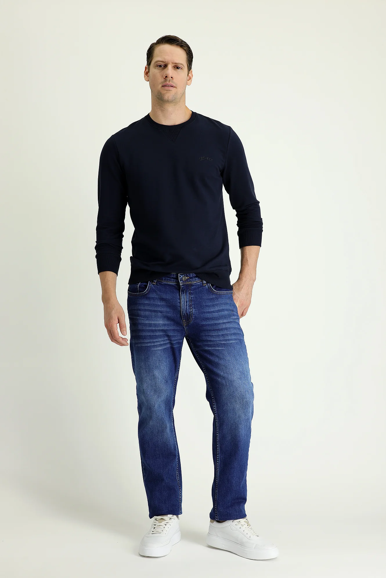 Orta Lacivert Slim Fit Dar Kesim Likralı Denim Pantolon - Image 2