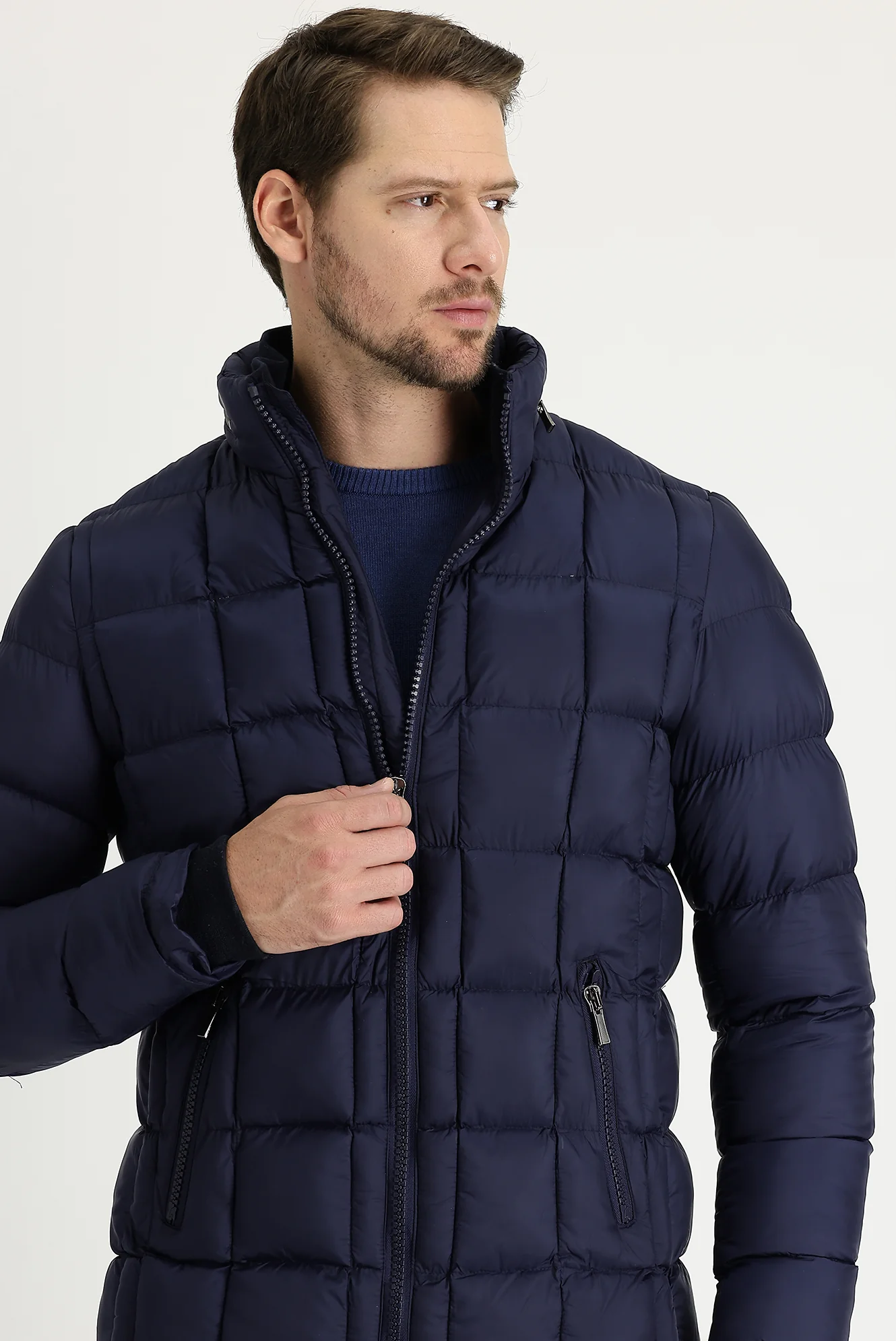 Orta Lacivert Slim Fit Dar Kesim Kapüşonlu Kapitone Mont - Image 2