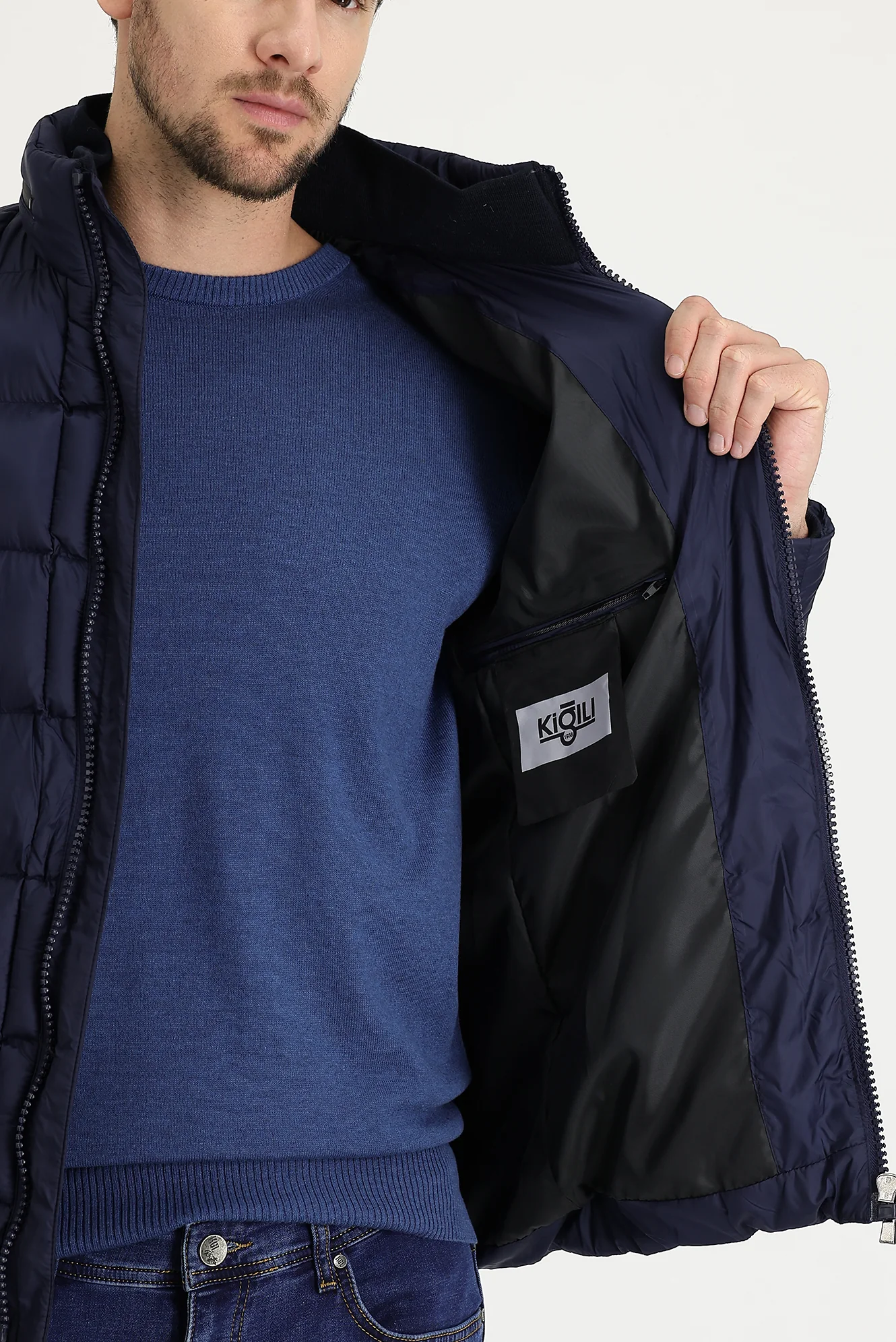 Orta Lacivert Slim Fit Dar Kesim Kapüşonlu Kapitone Mont - Image 3