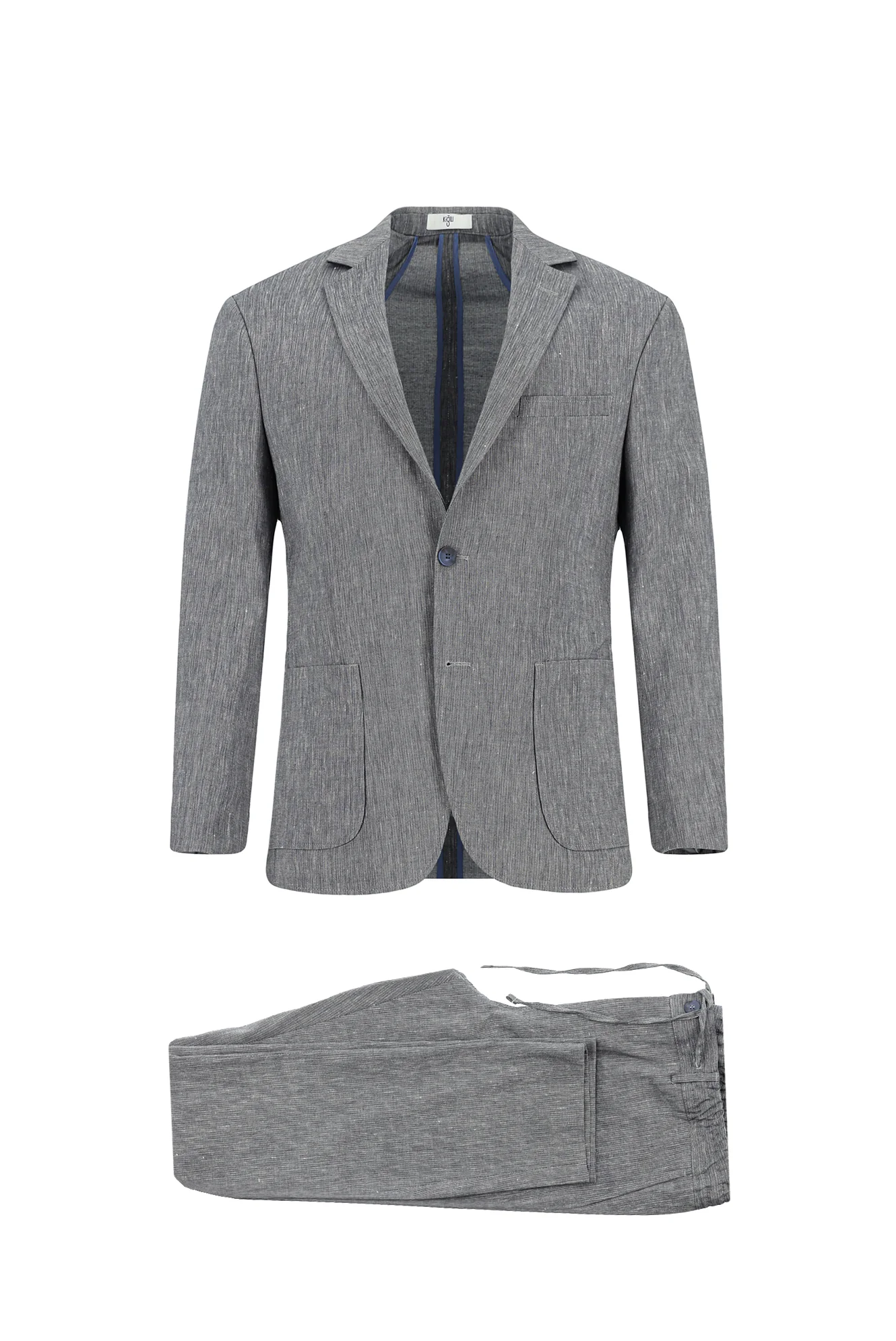 Orta Lacivert 7 Drop Slim Fit Dar Kesim Keten Karışımlı Beli Lastikli İpli Takım Elbise