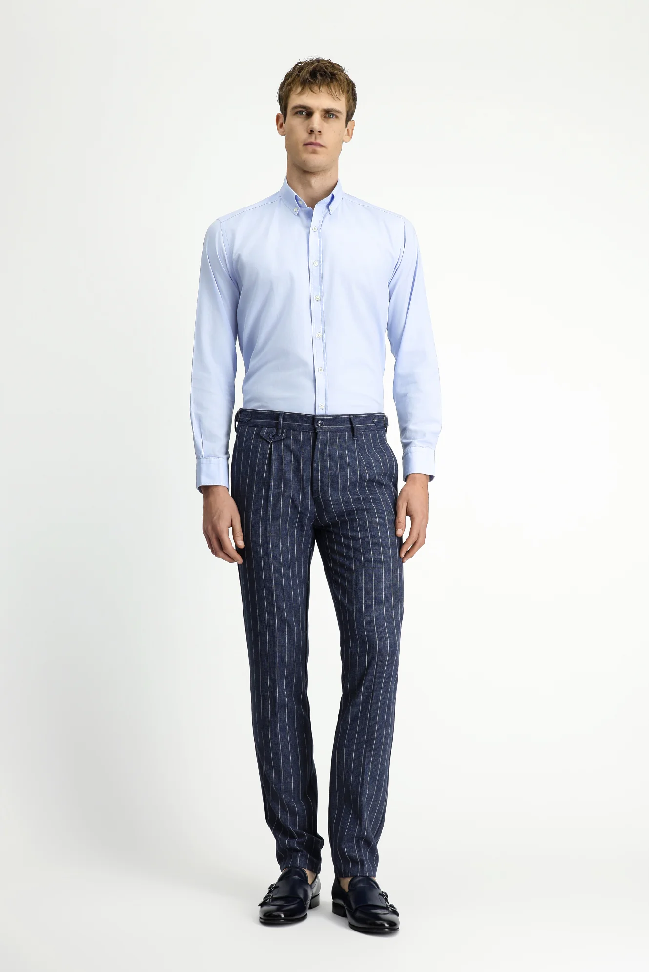 Orta Lacivert 7 Drop Slim Fit Dar Kesim Keten Karışımlı Çizgili Tokalı Klasik Kumaş Pantolon