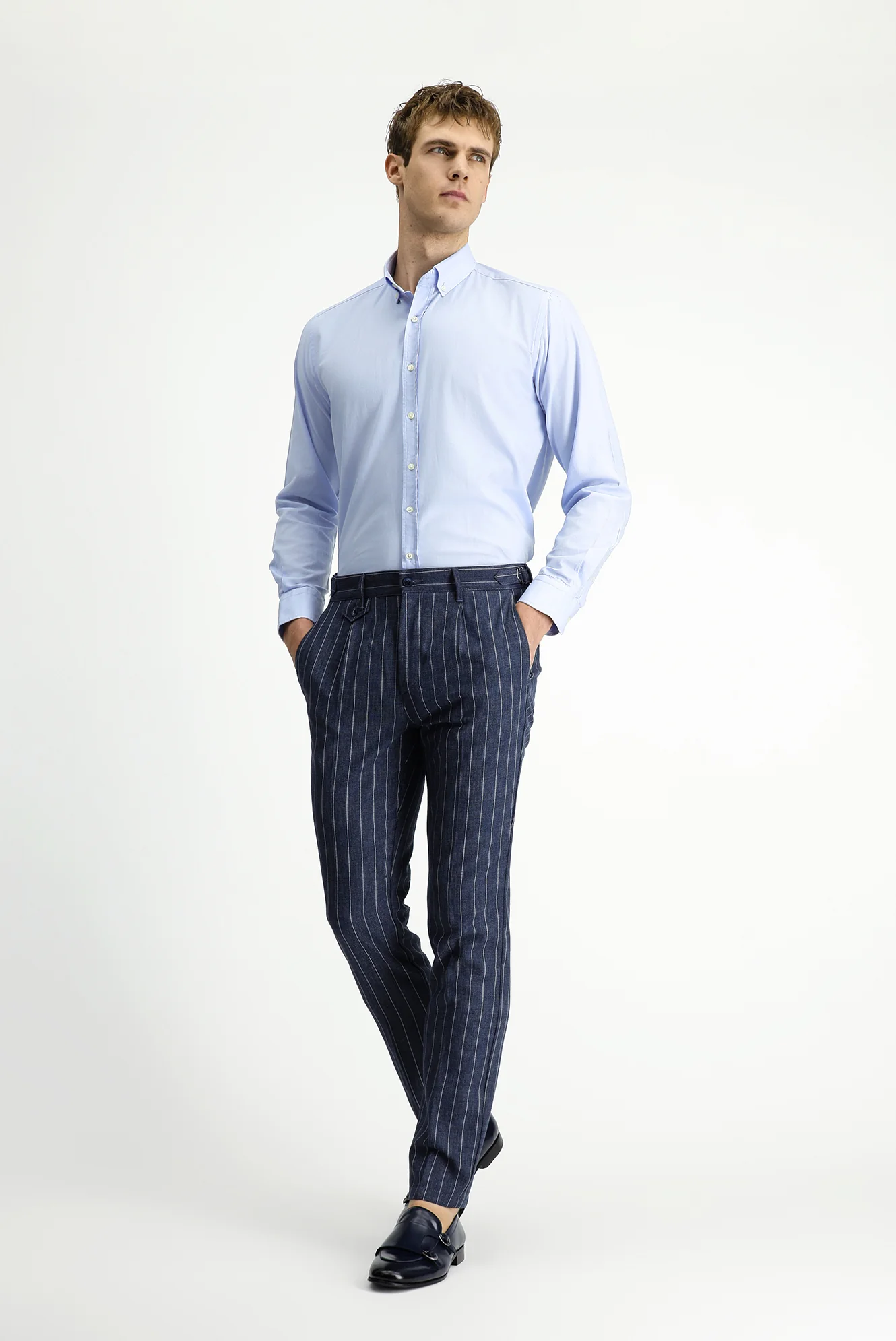 Orta Lacivert 7 Drop Slim Fit Dar Kesim Keten Karışımlı Çizgili Tokalı Klasik Kumaş Pantolon - Image 2