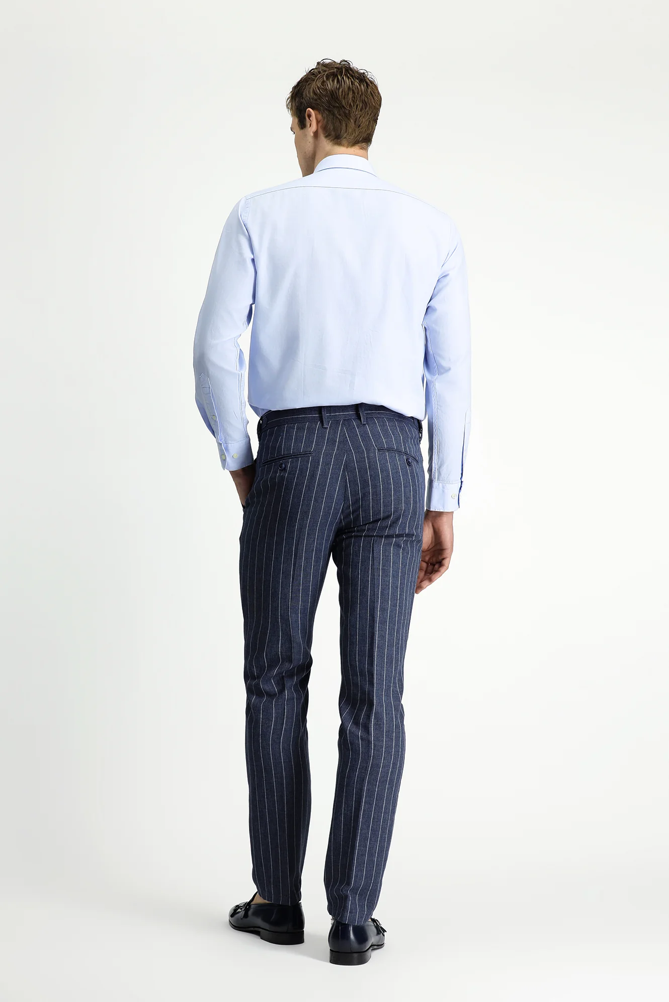 Orta Lacivert 7 Drop Slim Fit Dar Kesim Keten Karışımlı Çizgili Tokalı Klasik Kumaş Pantolon - Image 4