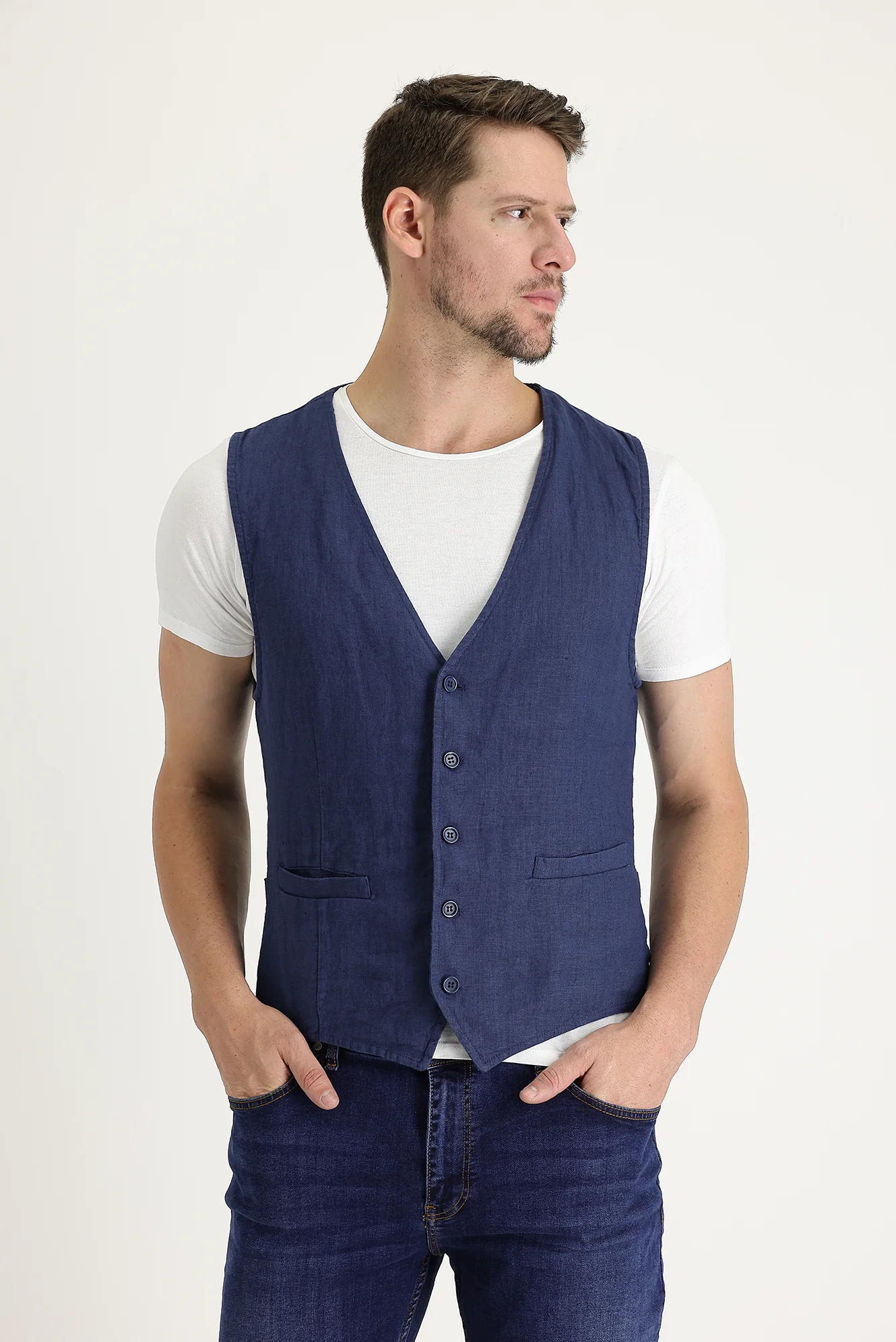 Orta Lacivert Slim Fit Dar Kesim Keten Yelek - Image 2