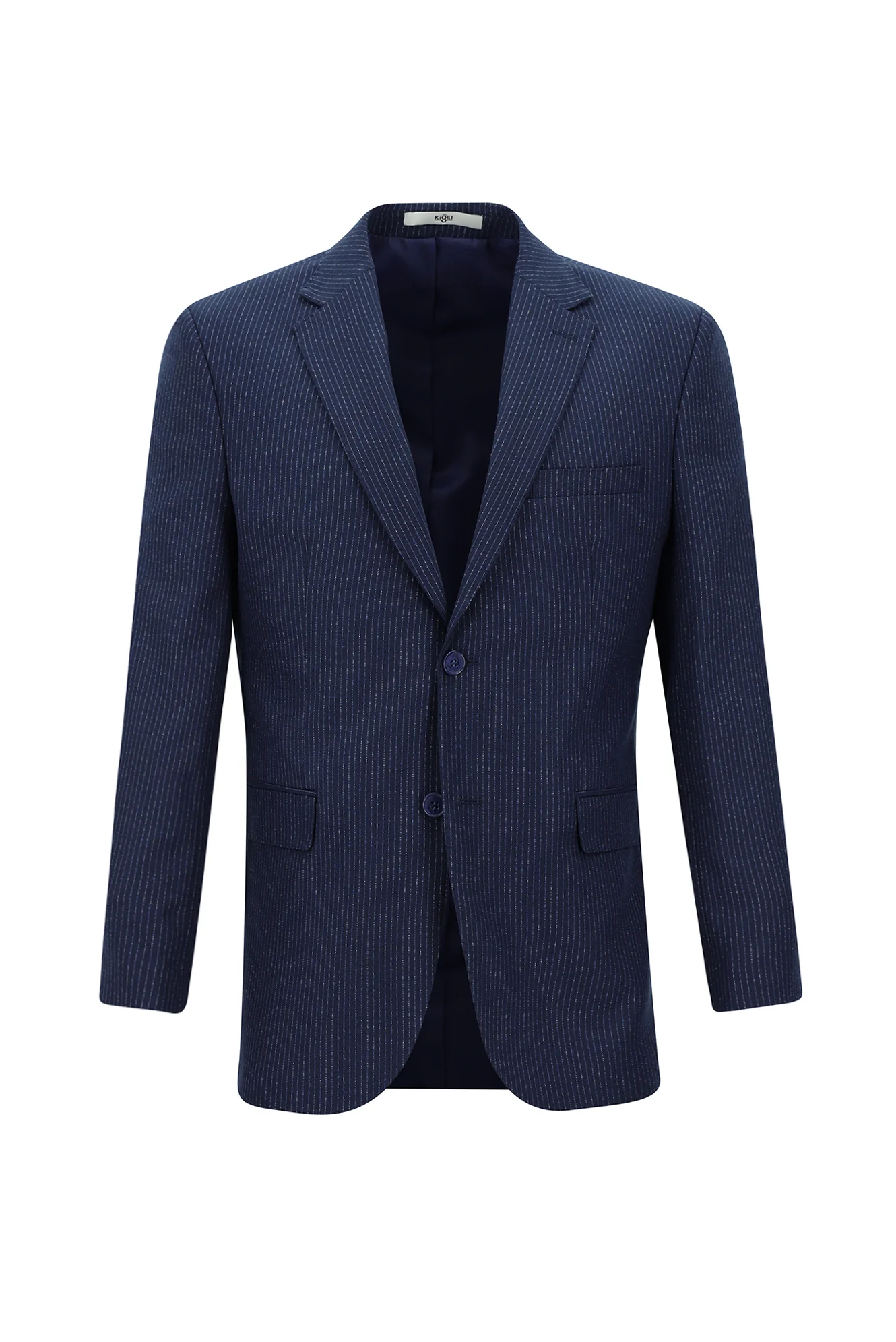 Orta Lacivert 7 Drop Slim Fit Dar Kesim Çizgili Takım Elbise - Image 2