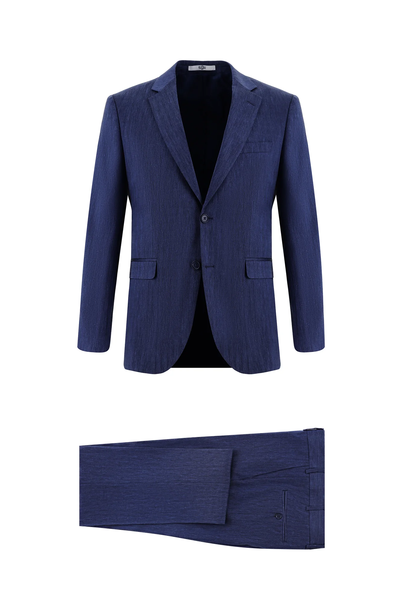 Orta Lacivert 7 Drop Slim Fit Dar Kesim Desenli Keten Karışımlı Takım Elbise