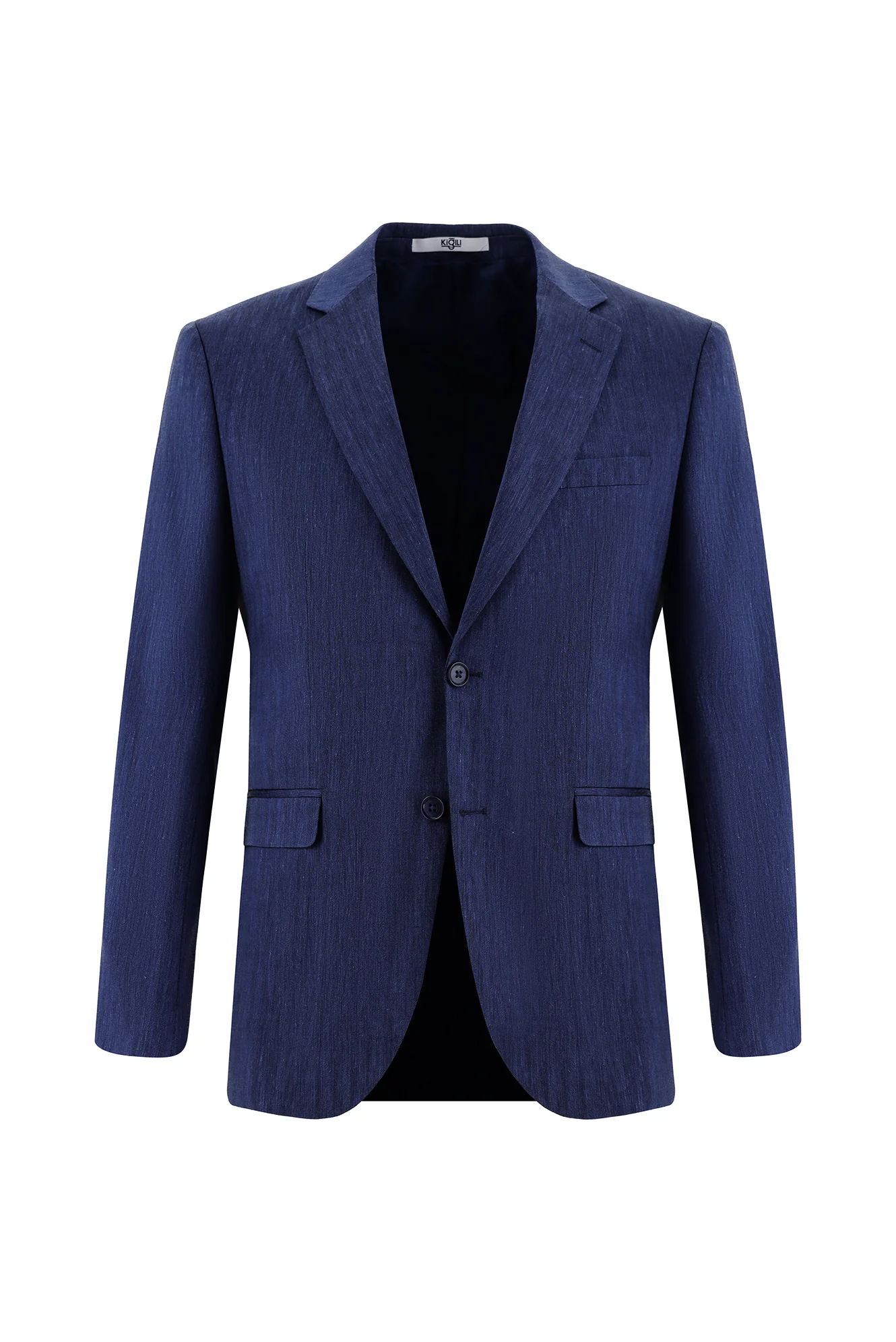 Orta Lacivert 7 Drop Slim Fit Dar Kesim Desenli Keten Karışımlı Takım Elbise - Image 2