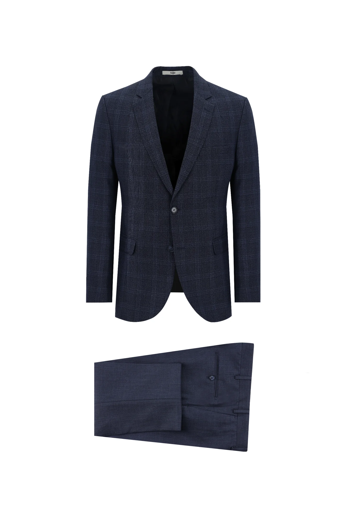 Orta Lacivert 7 Drop Slim Fit Dar Kesim Kombinli Ekose Takım Elbise