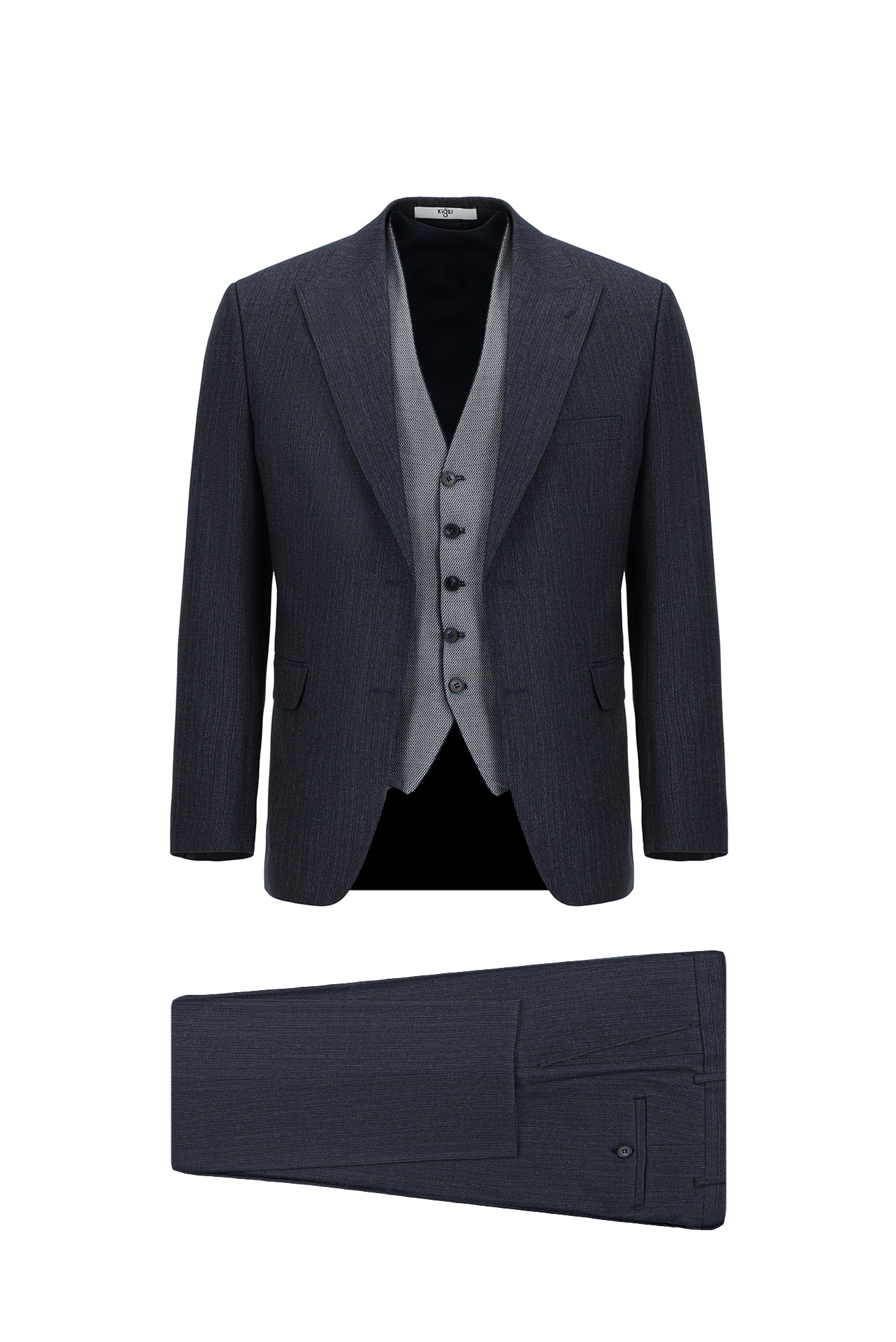 Orta Lacivert 7 Drop Slim Fit Dar Kesim Kombinli Yelekli Takım Elbise