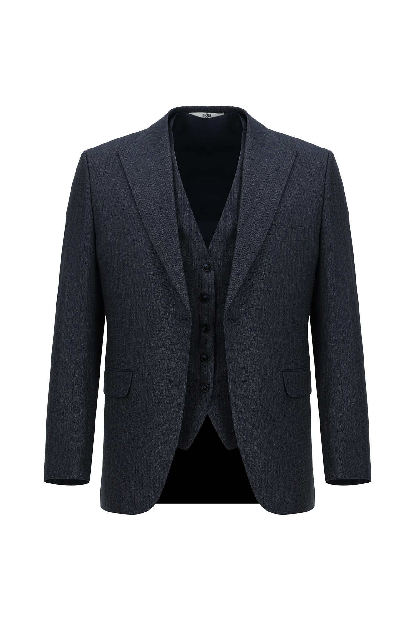 Orta Lacivert 7 Drop Slim Fit Dar Kesim Kombinli Yelekli Takım Elbise - Image 6