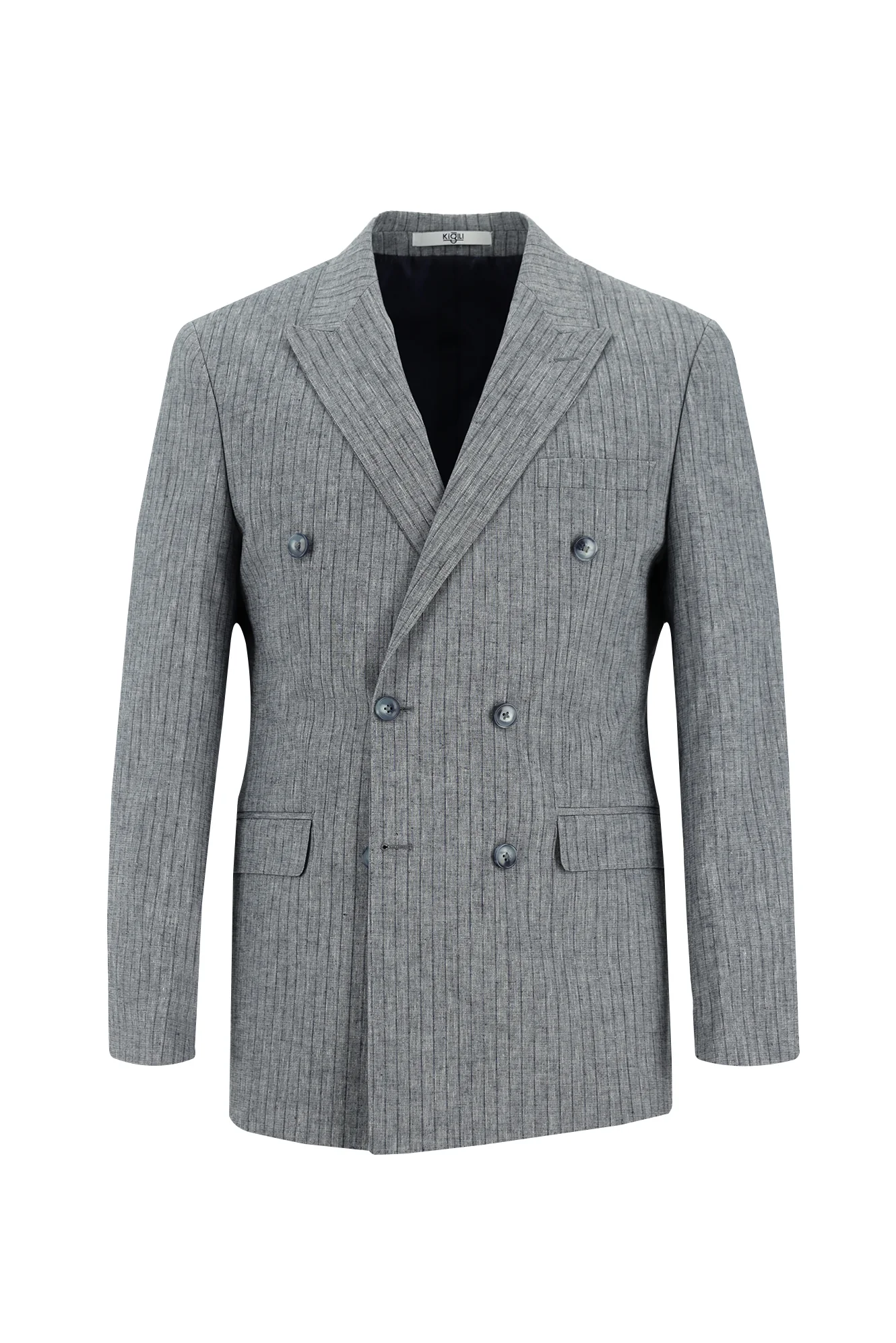Orta Lacivert 7 Drop Slim Fit Dar Kesim Kruvaze Beli Lastikli İpli Çizgili Keten Takım Elbise - Image 2