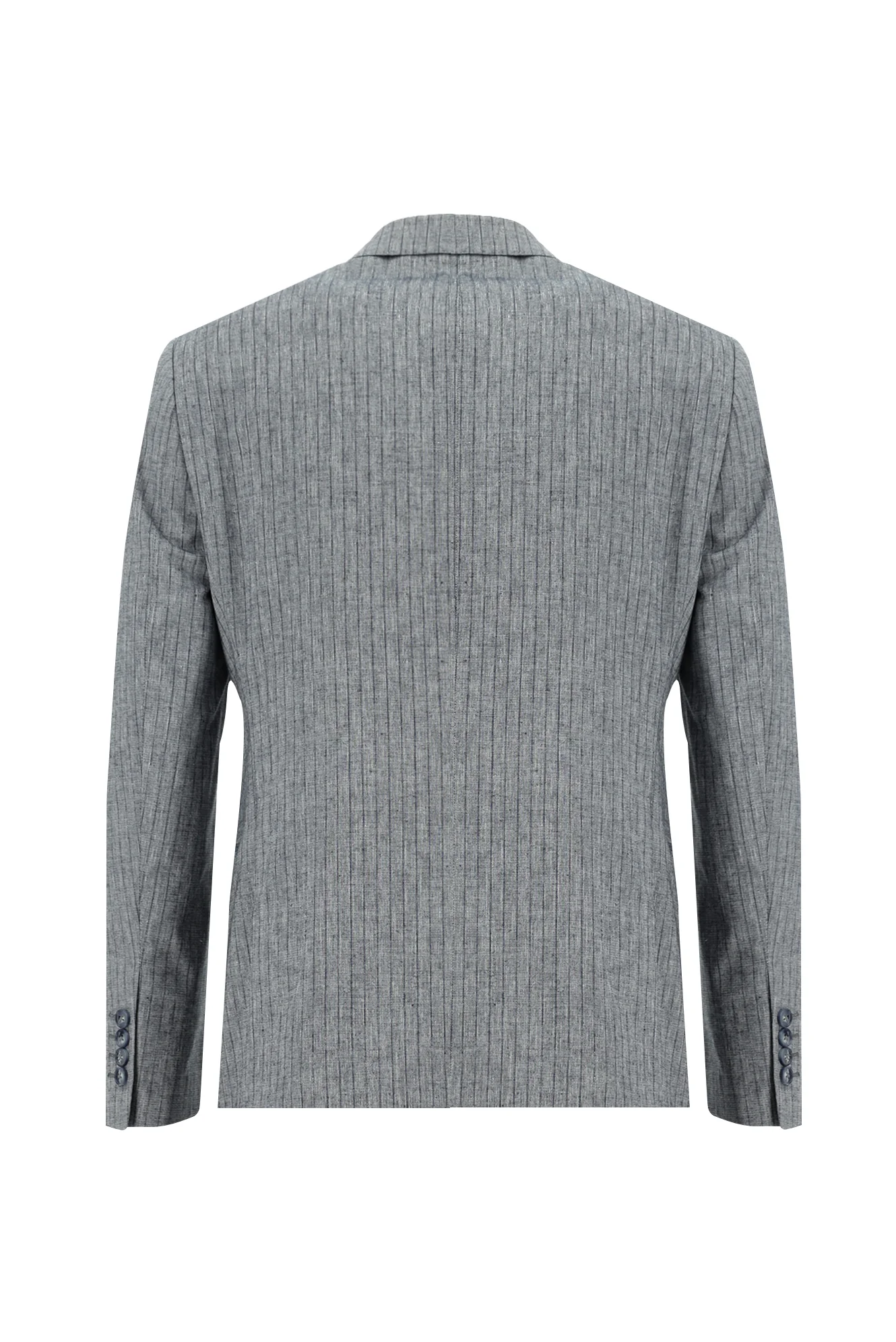 Orta Lacivert 7 Drop Slim Fit Dar Kesim Kruvaze Beli Lastikli İpli Çizgili Keten Takım Elbise - Image 3