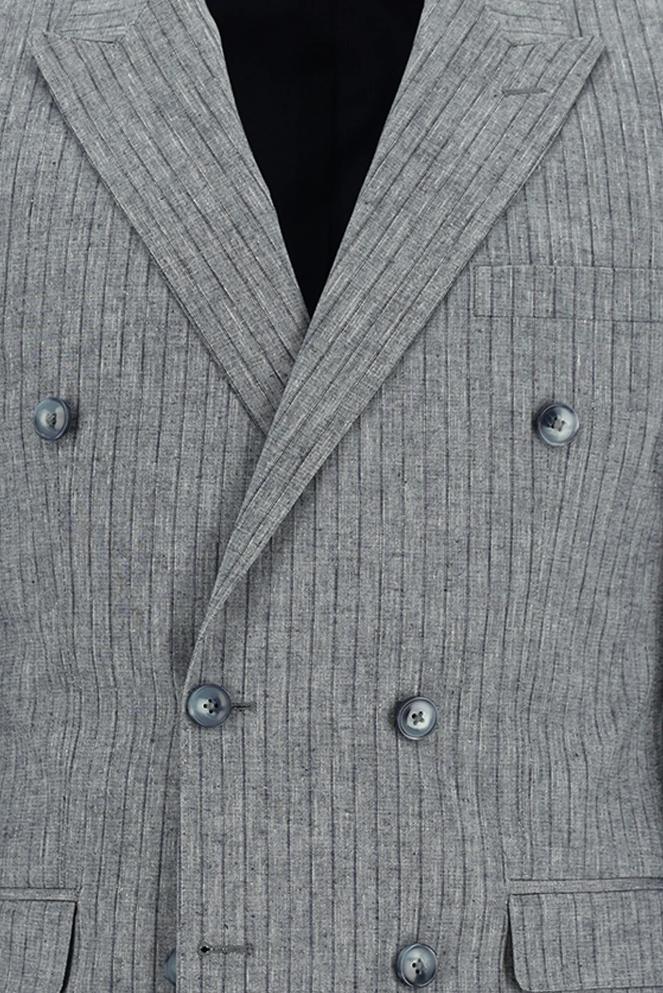 Orta Lacivert 7 Drop Slim Fit Dar Kesim Kruvaze Beli Lastikli İpli Çizgili Keten Takım Elbise - Image 4