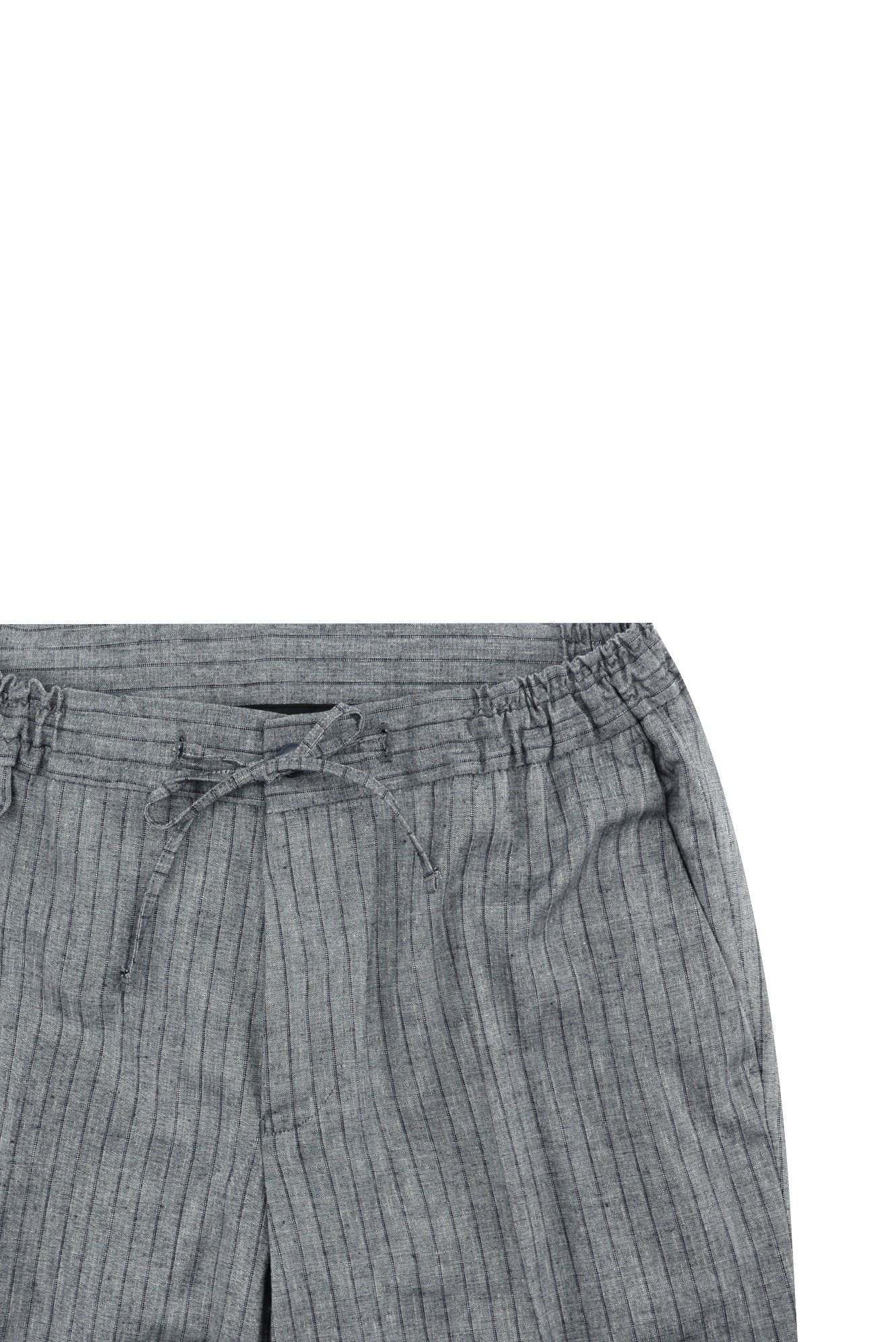 Orta Lacivert 7 Drop Slim Fit Dar Kesim Kruvaze Beli Lastikli İpli Çizgili Keten Takım Elbise - Image 5