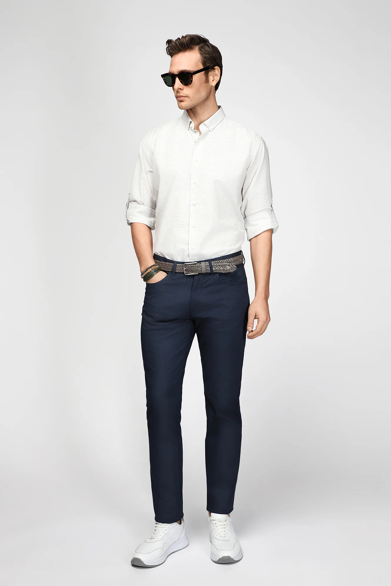 Orta Lacivert Slim Fit Dar Kesim Likralı Desenli Kanvas / Chino Pantolon - Image 2