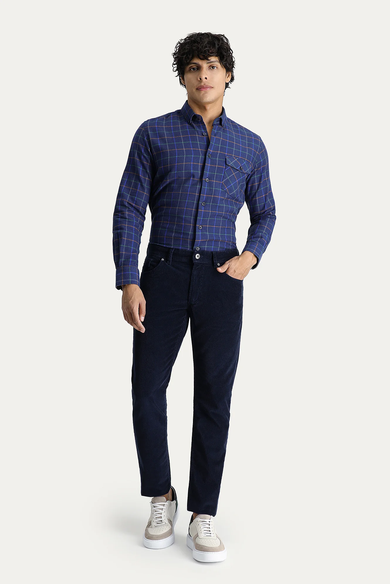 Orta Lacivert Slim Fit Dar Kesim Likralı Kadife Pantolon
