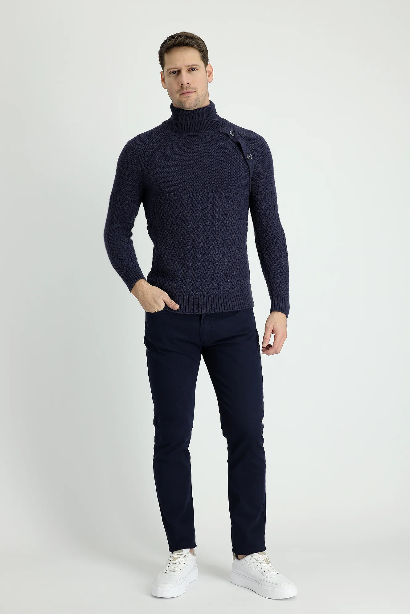 Orta Lacivert Slim Fit Dar Kesim Likralı Kanvas / Chino Pantolon