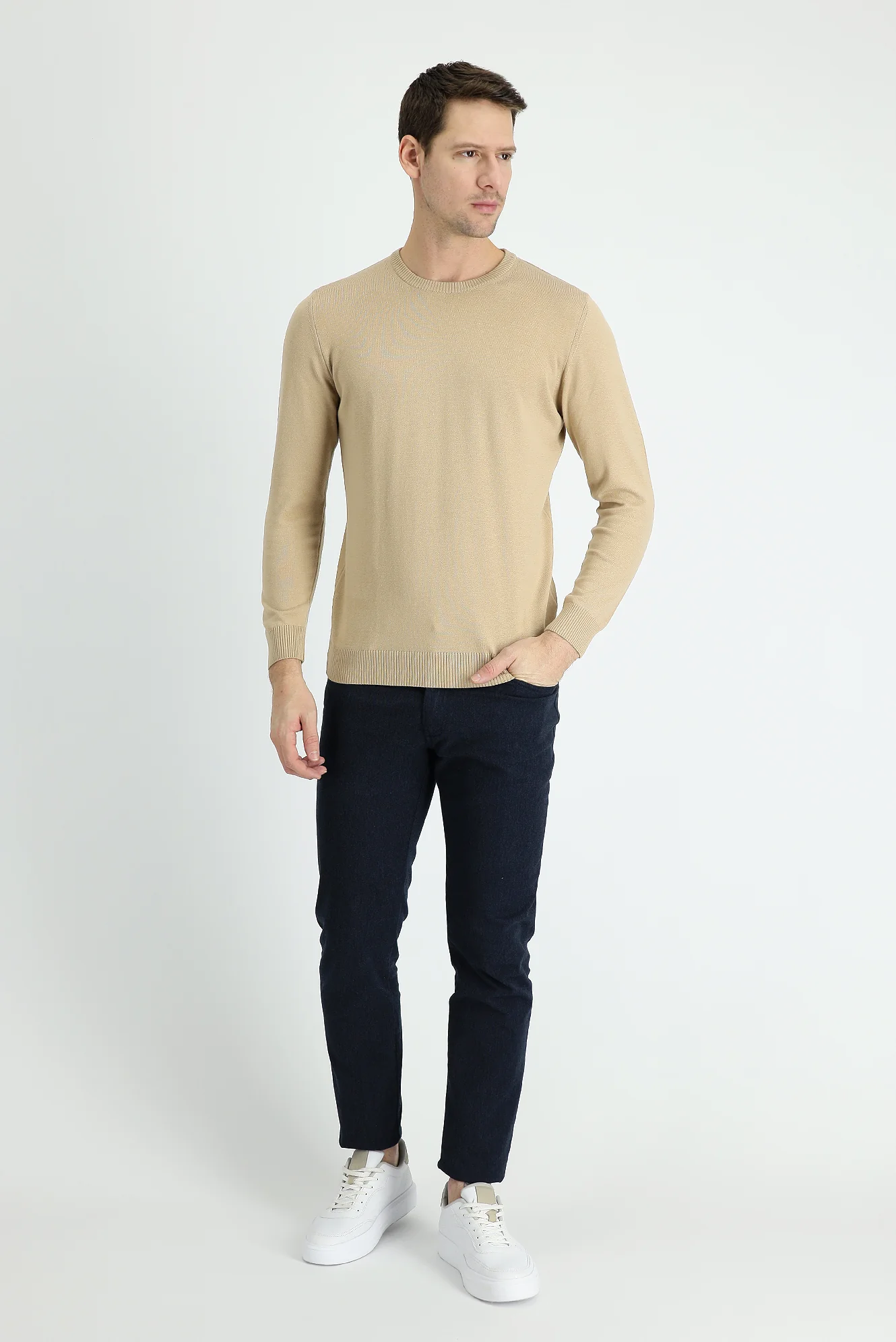 Orta Lacivert Slim Fit Dar Kesim Likralı Kanvas / Chino Pantolon