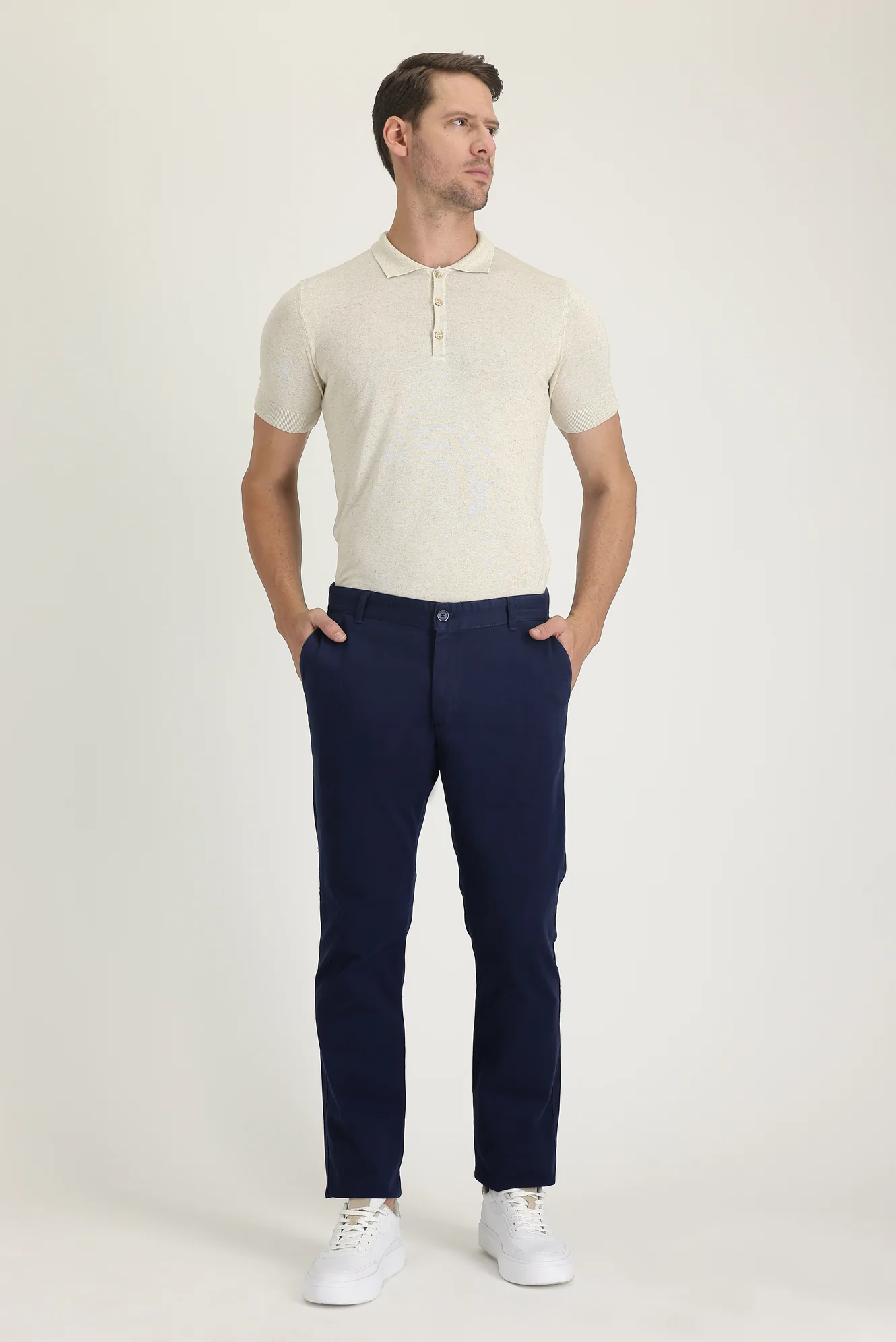Orta Lacivert Slim Fit Dar Kesim Likralı Kanvas / Chino Pantolon