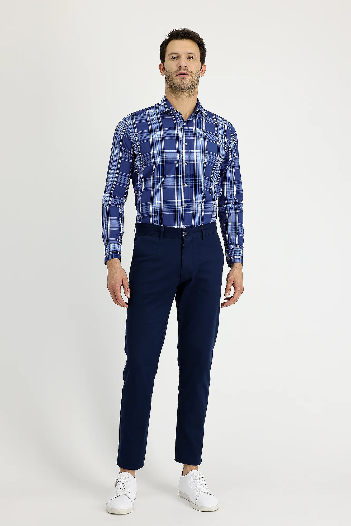 Orta Lacivert Slim Fit Dar Kesim Likralı Kanvas / Chino Pantolon
