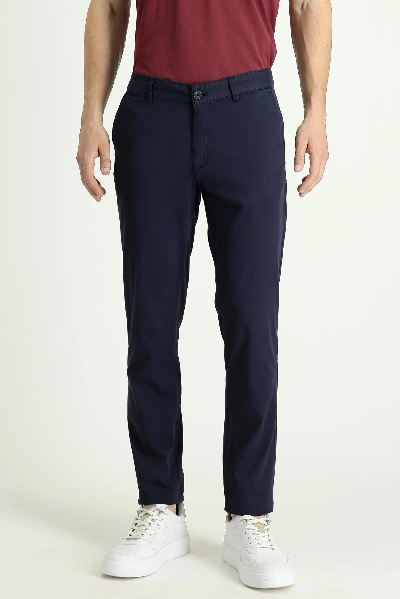 Orta Lacivert Slim Fit Dar Kesim Likralı Saten Kanvas / Chino Pantolon - Image 2