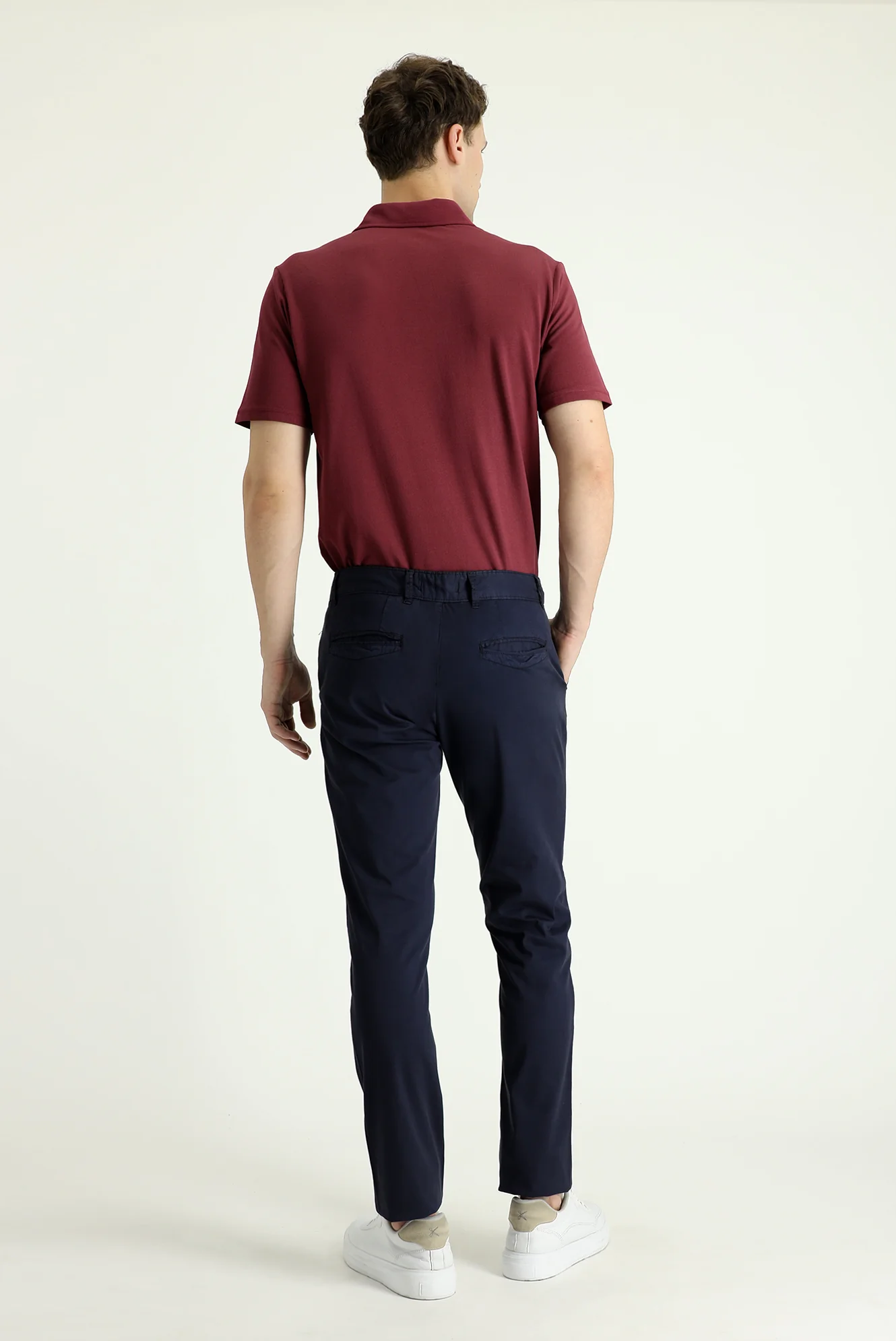 Orta Lacivert Slim Fit Dar Kesim Likralı Saten Kanvas / Chino Pantolon - Image 3