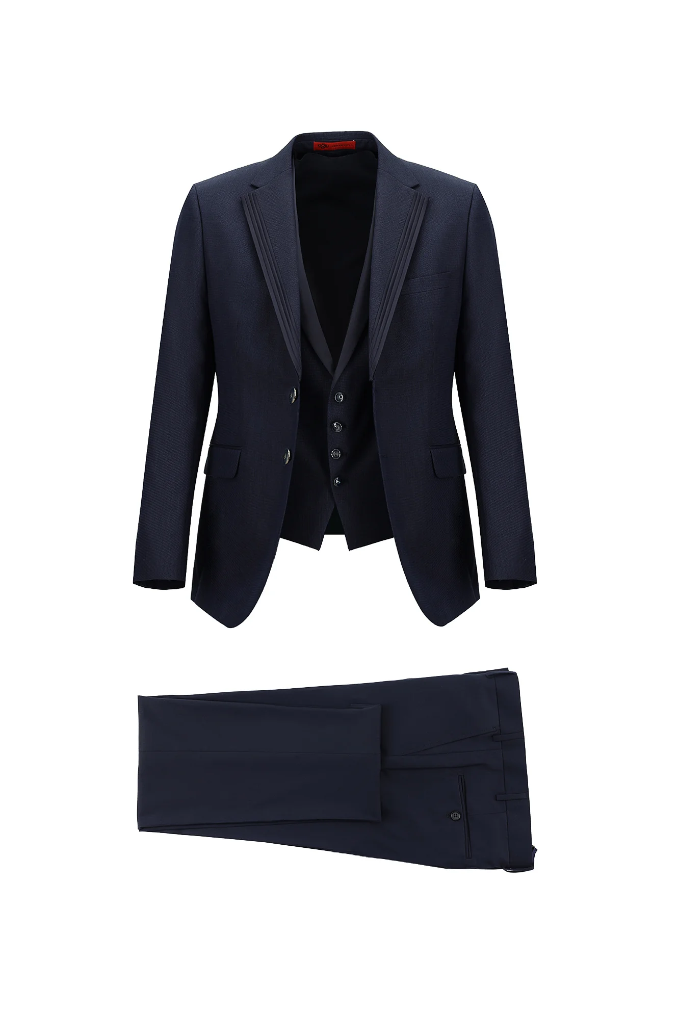 Orta Lacivert 7 Drop Slim Fit Dar Kesim Mono Yaka Yelekli Smokin & Damatlık