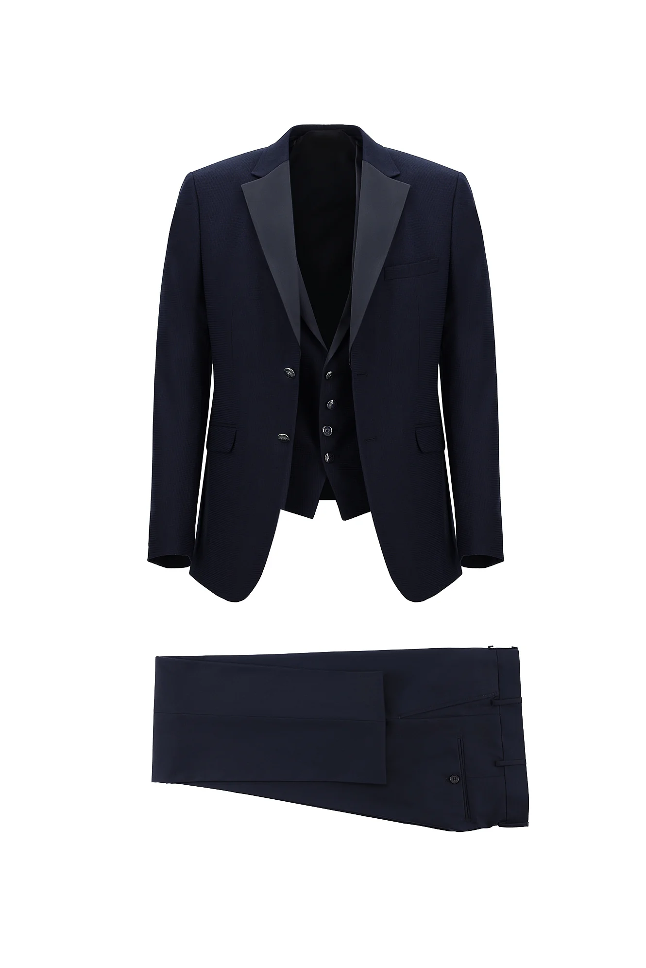 Orta Lacivert 7 Drop Slim Fit Dar Kesim Mono Yaka Yelekli Smokin & Damatlık