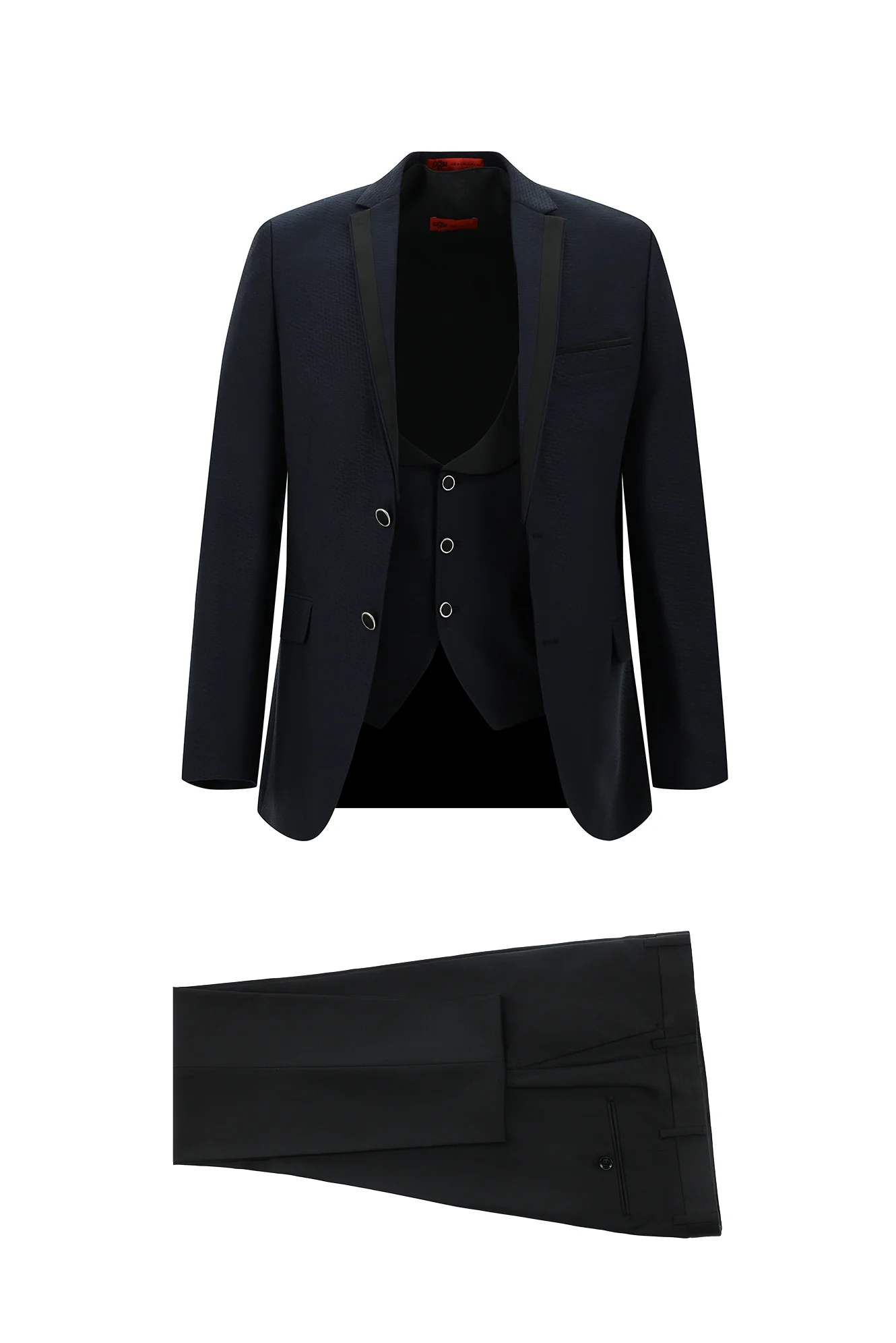Orta Lacivert 7 Drop Slim Fit Dar Kesim Mono Yaka Yelekli Smokin & Damatlık