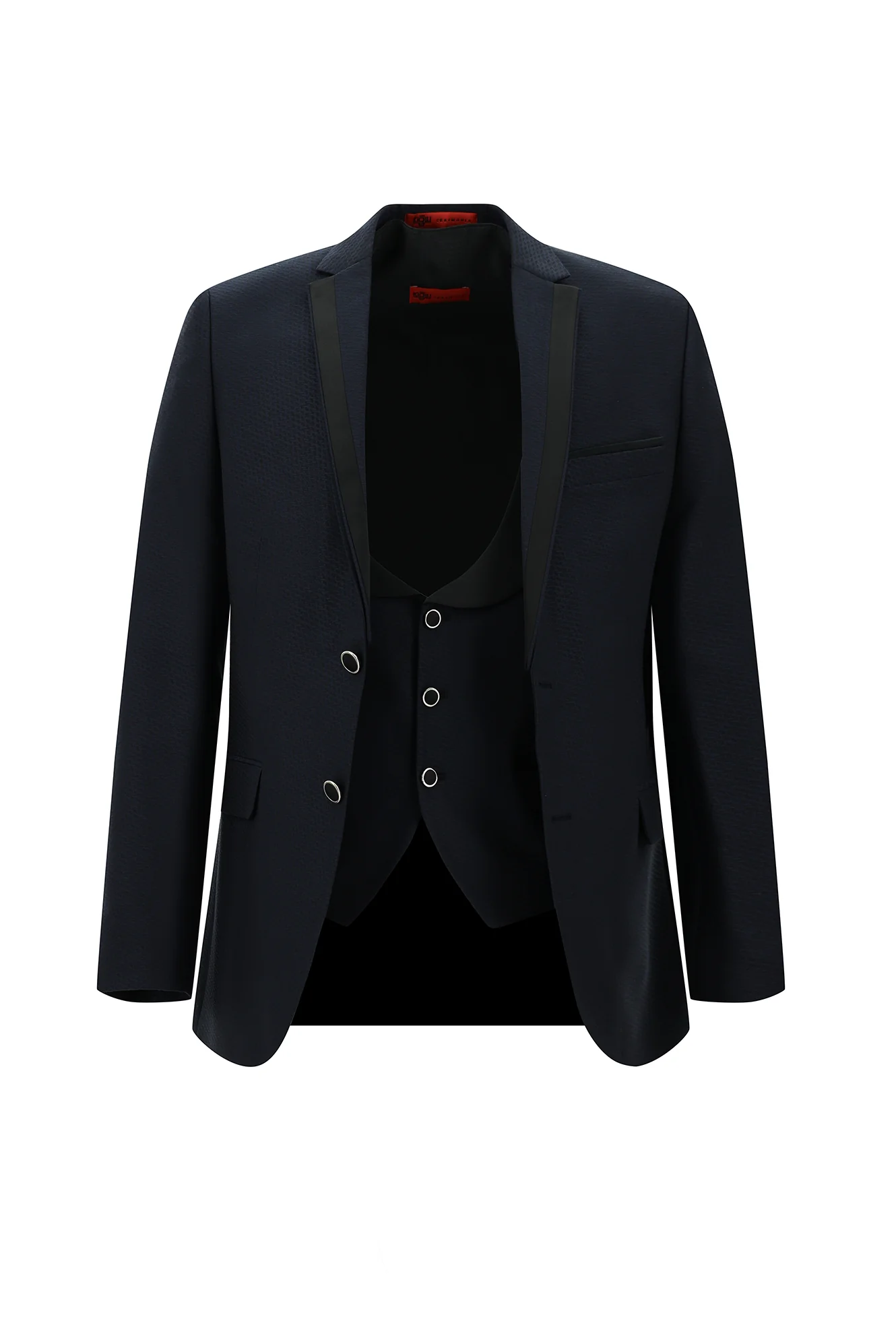 Orta Lacivert 7 Drop Slim Fit Dar Kesim Mono Yaka Yelekli Smokin & Damatlık - Image 2
