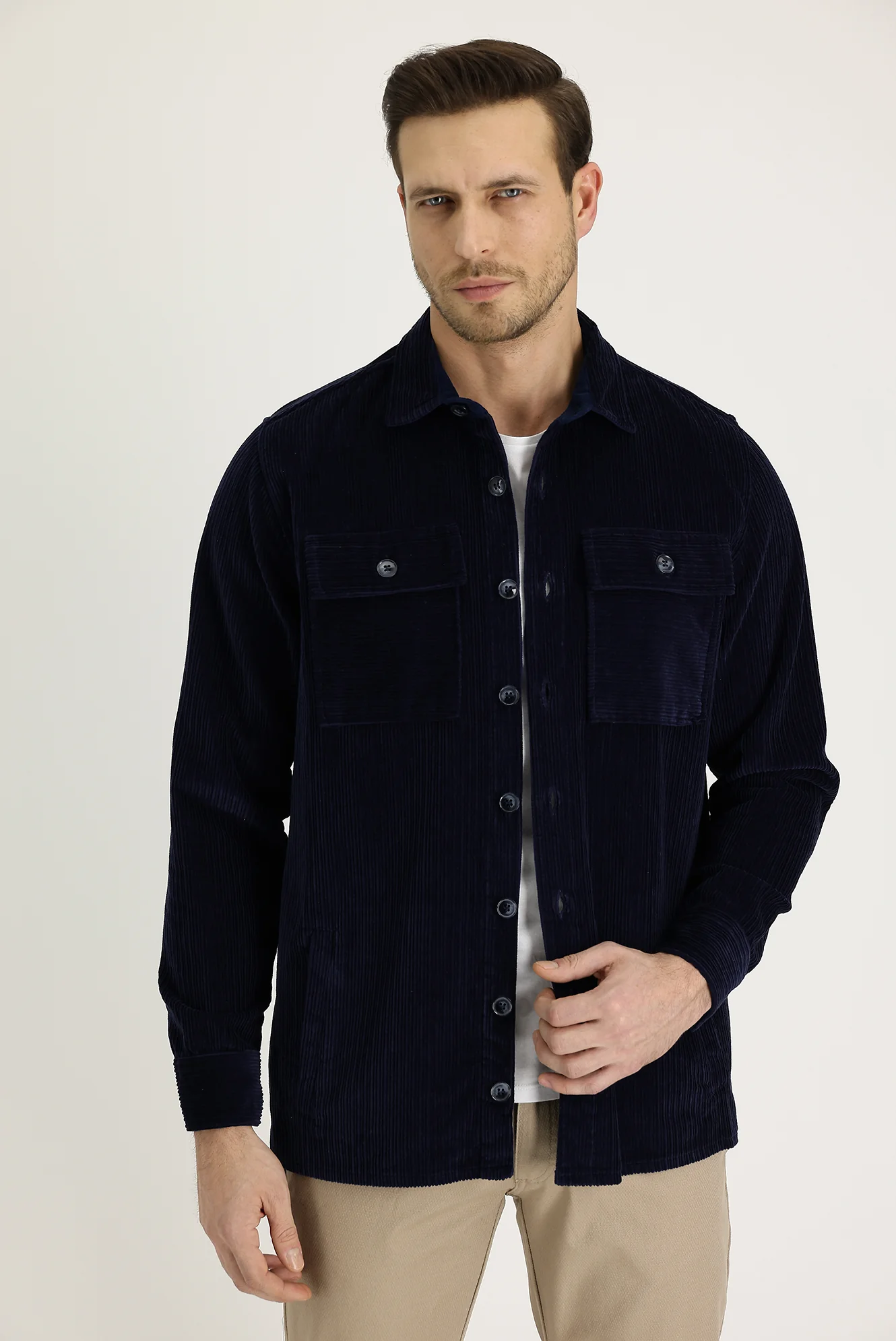 Orta Lacivert Slim Fit Dar Kesim Shacket Pamuk Gömlek / Pamuk Mont - Image 2
