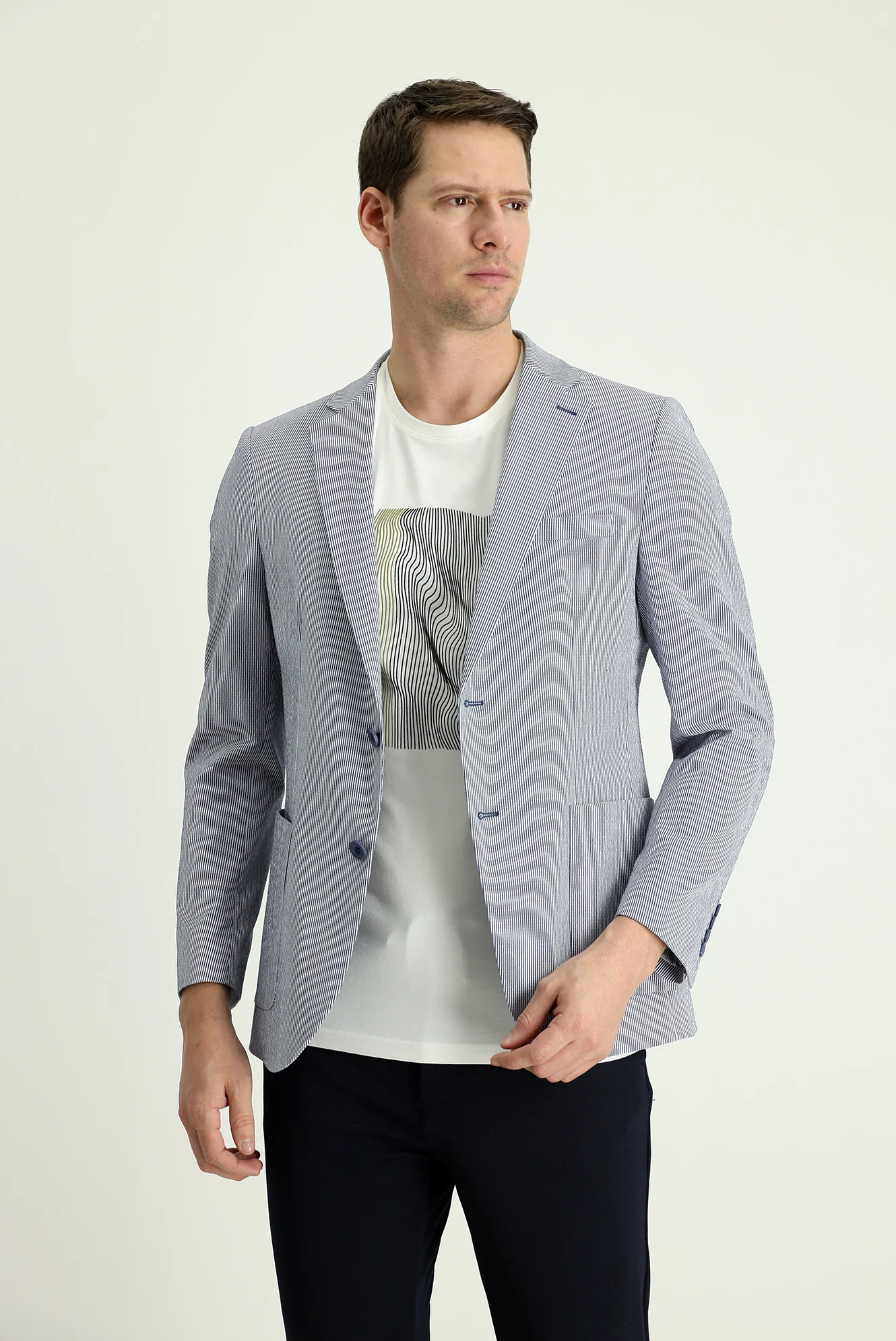 Orta Lacivert 7 Drop Slim Fit Dar Kesim Spor Çizgili Ceket