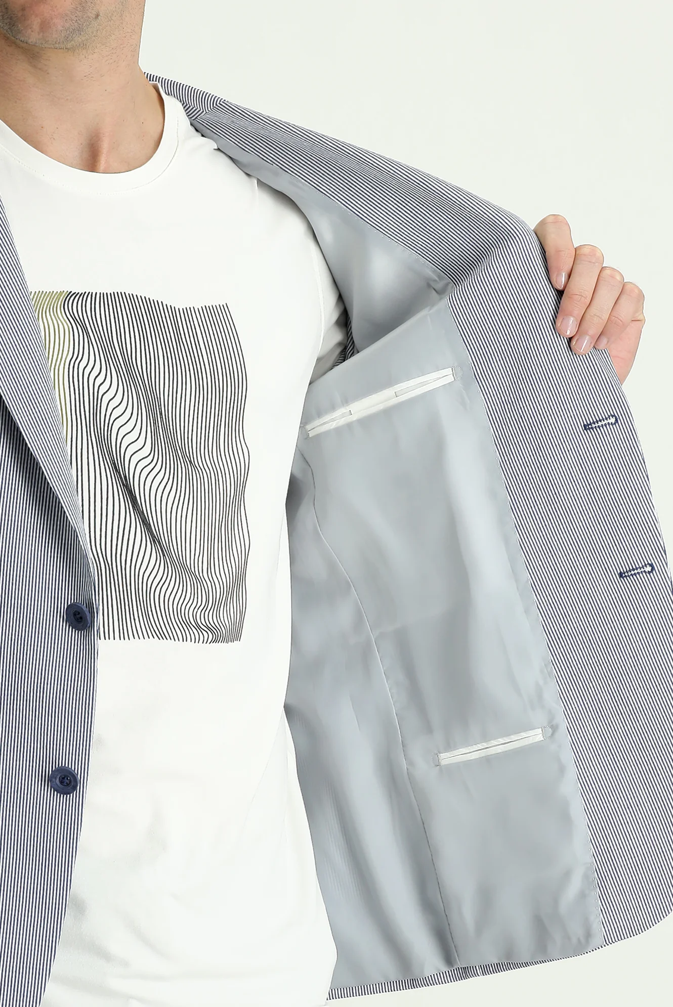Orta Lacivert 7 Drop Slim Fit Dar Kesim Spor Çizgili Ceket - Image 4