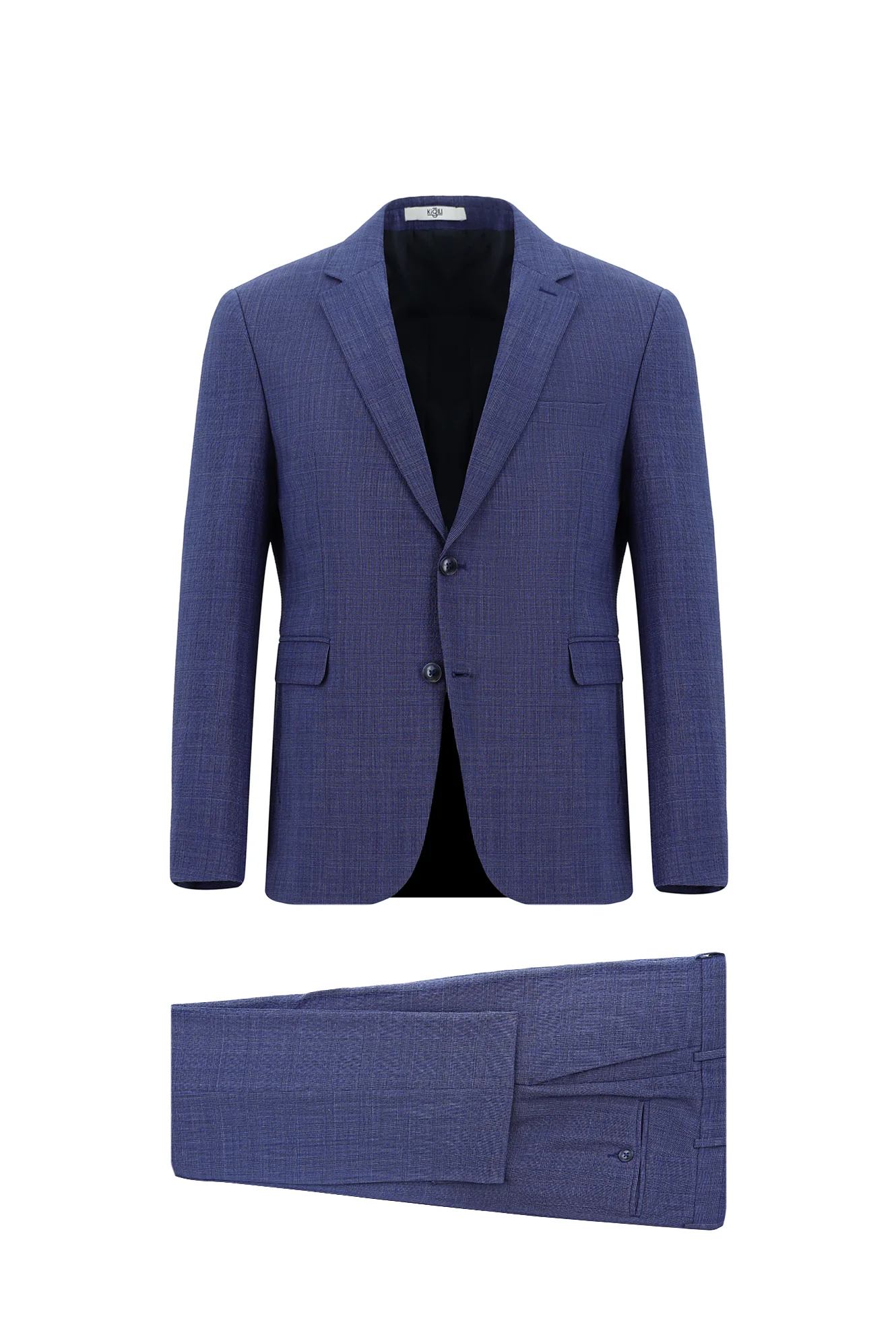 Orta Lacivert 7 Drop Slim Fit Dar Kesim Yünlü Ekose Gofre Takım Elbise