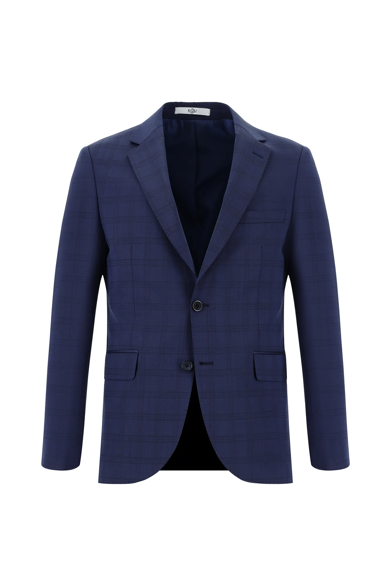 Orta Lacivert 7 Drop Slim Fit Dar Kesim Yünlü Ekose Takım Elbise - Image 2