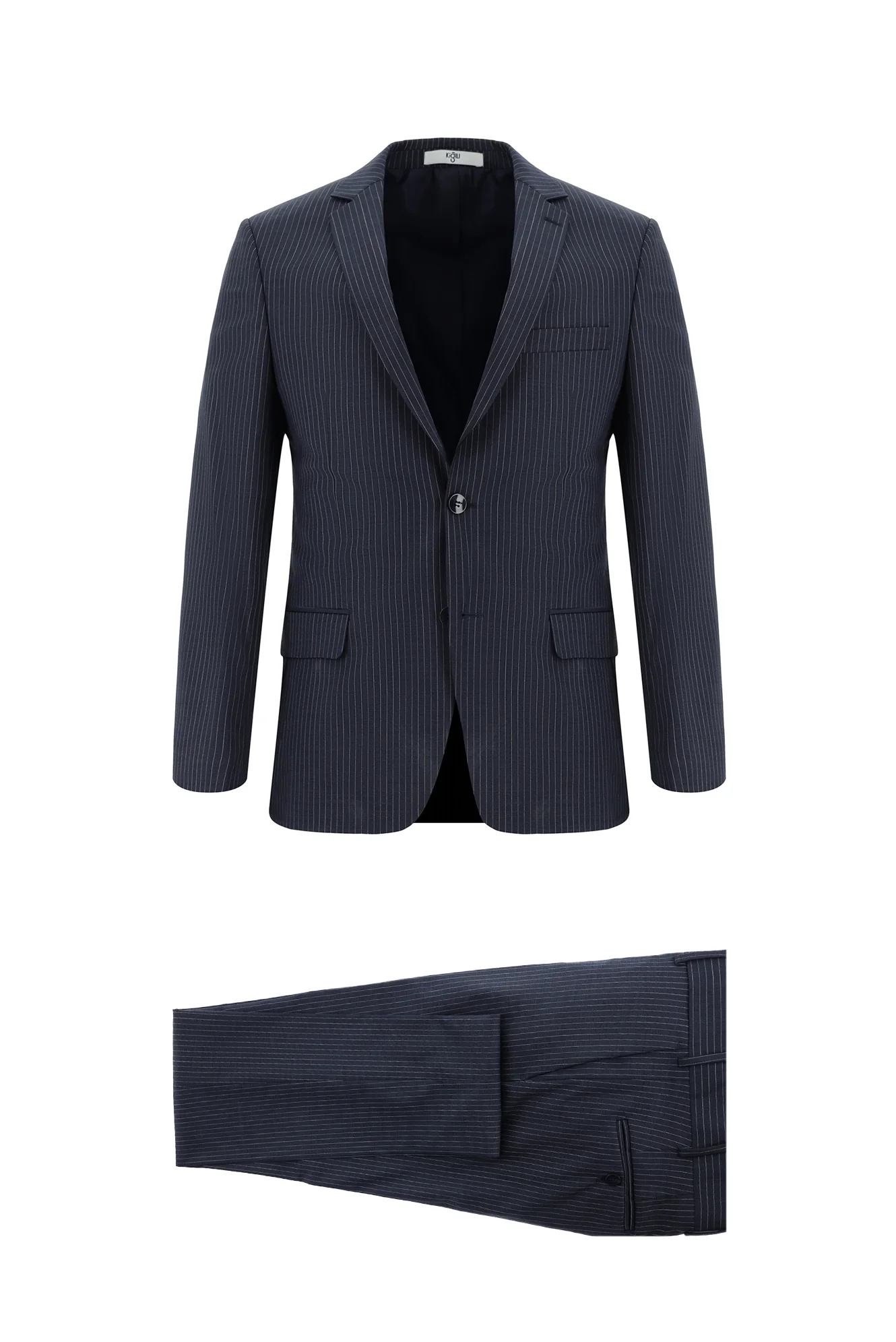 Orta Lacivert 7 Drop Slim Fit Dar Kesim Yünlü Çizgili Takım Elbise