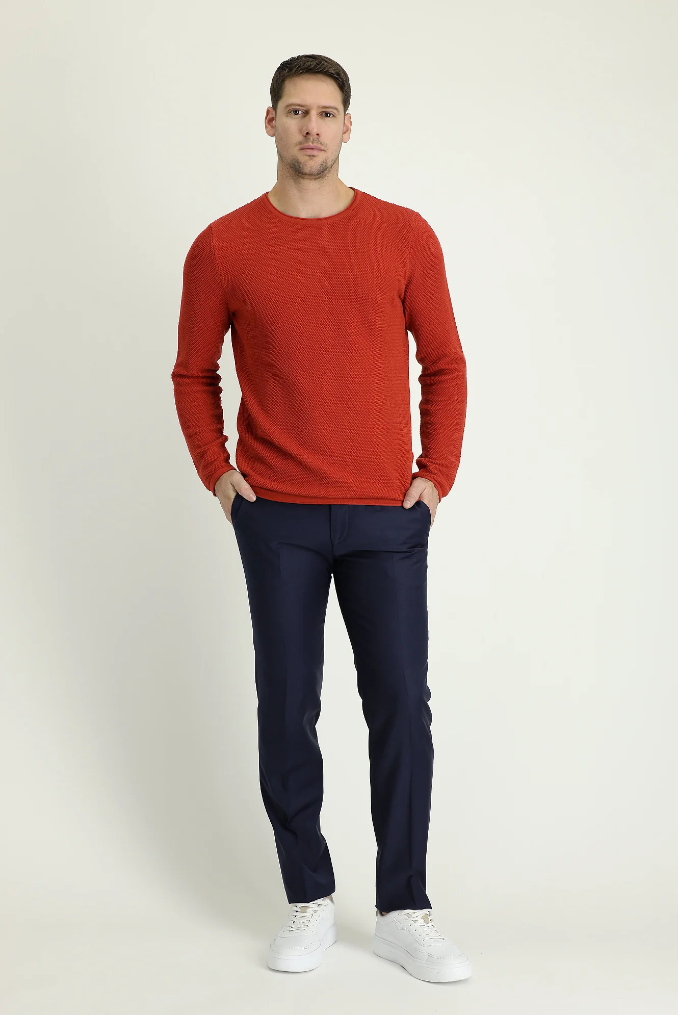 Orta Lacivert 7 Drop Slim Fit Dar Kesim Yünlü Klasik Kumaş Pantolon